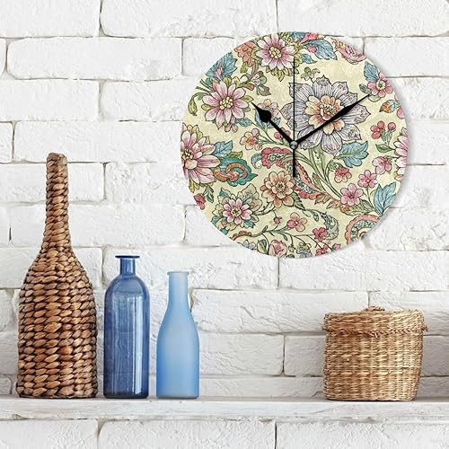 Miniatura 3 de Vintage Flower Print Beige 10 pulgadas ronda cocina relojes de pared sin tictac ruido único para oficina casa de campo dormitorio relojes de pared