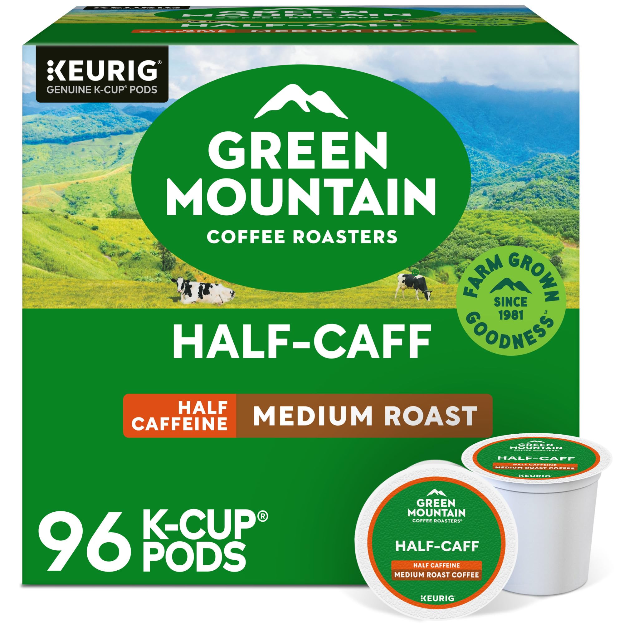 Half Caff Coffee, Keurig Single-Serve K-Cup pods, Medium Roast, 96 Count (4 Packs of 24)