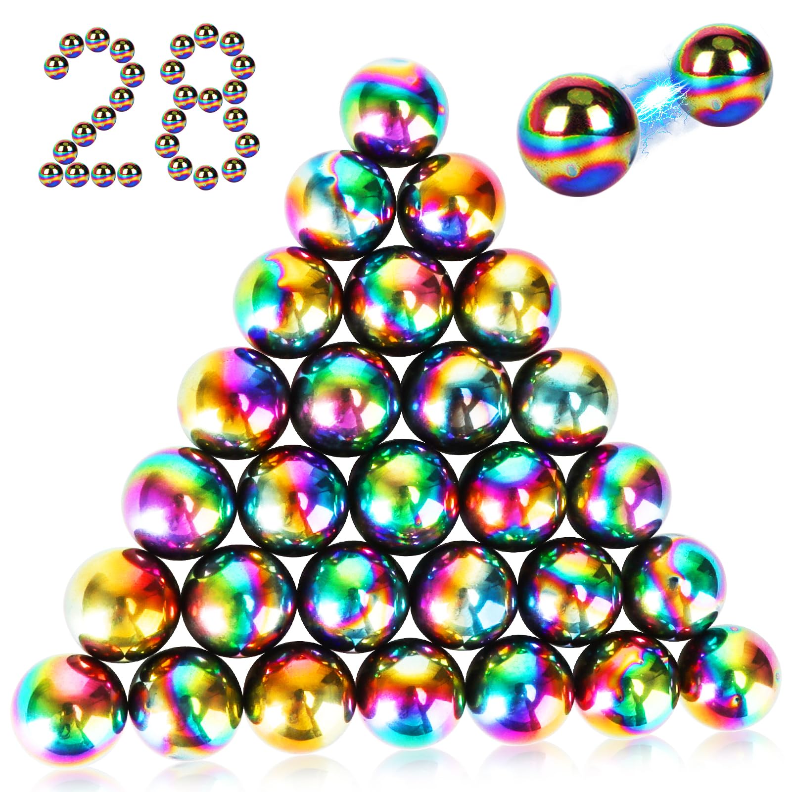 Moonhua 28Pcs Rainbow Stones Fidget Toy, 20mm DIY Mutual Attraction Desk Balls for Kids Adults, Educational Science Kit for Anxiety Relief, Building