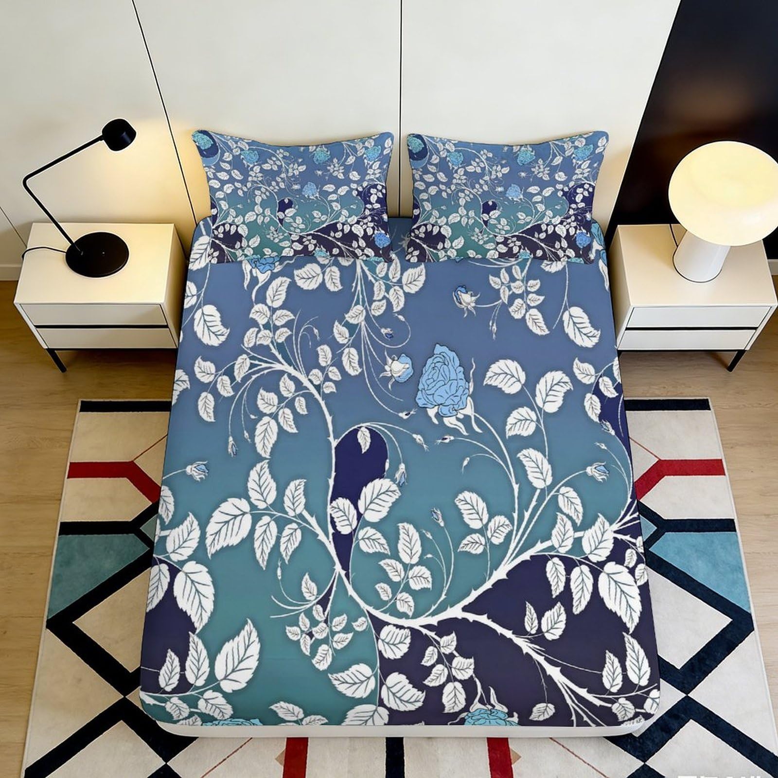 Jqzkxnhpbr Style-8 3D Printed Blue Leaf Fitted Sheet Microfiber Soft Anti-Slip Bird Branch Bed Cover For Bedroom Dorm Mattress Decor 90X200x25cm