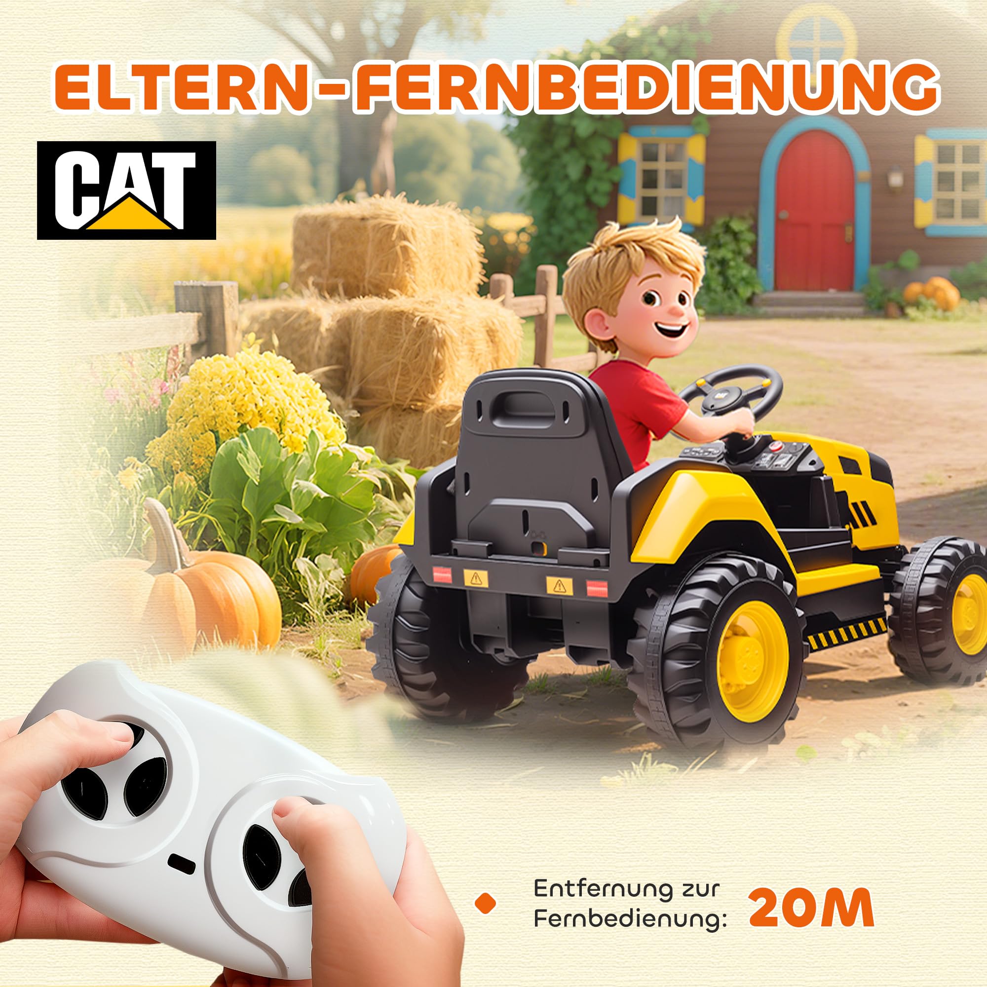 AIYAPLAY Elektrischer Traktor CAT-Lizenziert 12 V Musik 3-6 Jahre Gelb | Aufsitztraktor, 2,4G Fernbedienung, 2 Motor, Hinterradfederung, Langsamer Start und Stopp, Bluetooth, Elektrotraktor