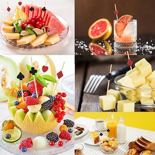 Miniatura 5 de Honbay 100 piezas de póker negro y rojo con forma de bambú para cócteles, frutas, alimentos, hamburguesas, palillos de dientes, decoración de