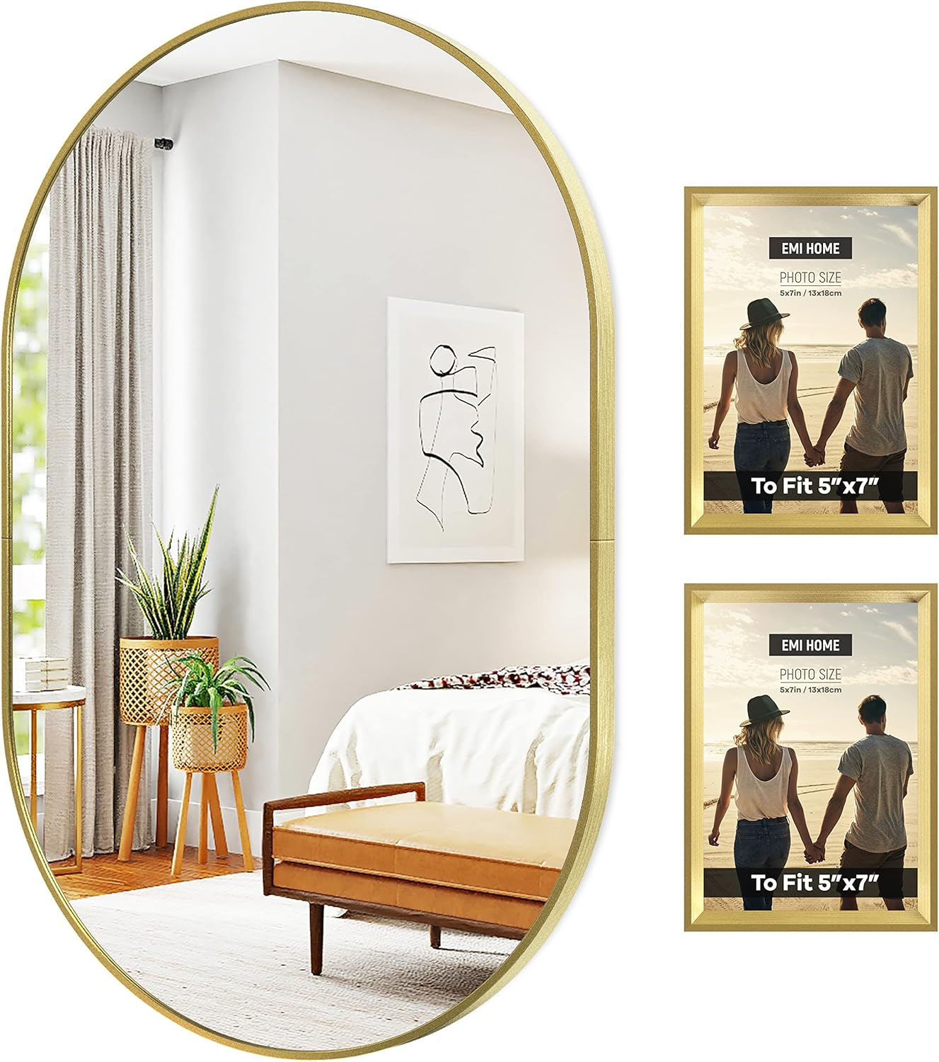 EMI HOME Gold Oval Mirror with Two Picture Frames, 24x36