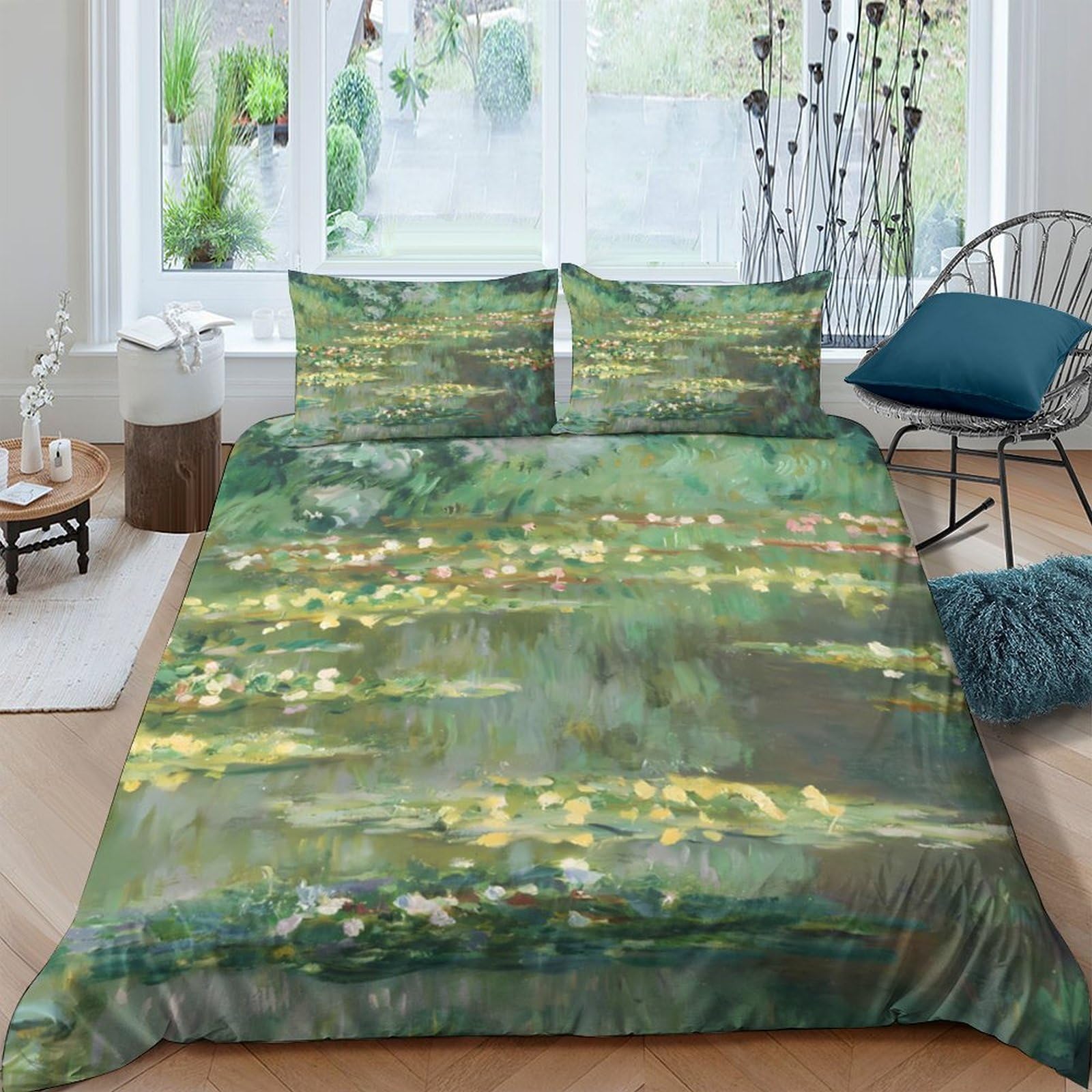 Ctjqhvkz Style-5 3D Printed Water Lily Pond Fitted Sheet Microfiber Soft Green Impressionist Forest Mattress Cover Bedroom Dorm Decor Single（135X200cm）