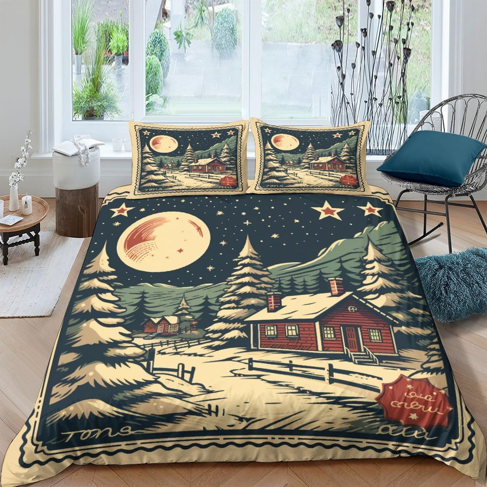 Housses de couettes Noël imprimé timbre vintage pour une décoration de chambre festive en hiver