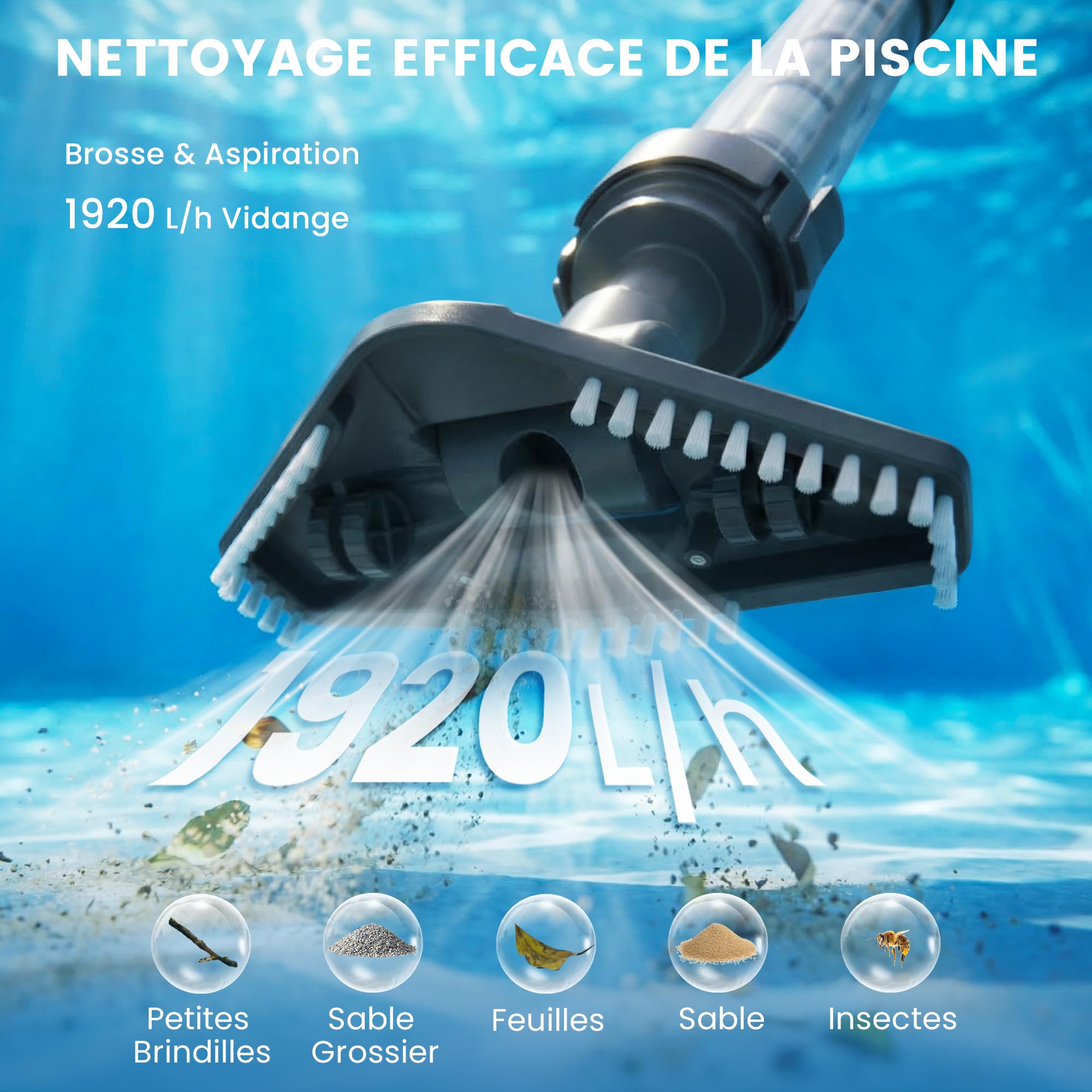 Aspirateur Piscine sans Fil, Aspirateur de Piscine Manuel avec jusqu'à 60 Min d'autonomie, Nettoyeur Piscine avec Manche Télescopique pour Spa, Bain à Remous, Petite Piscine Hors-Sol et Pataugeoire