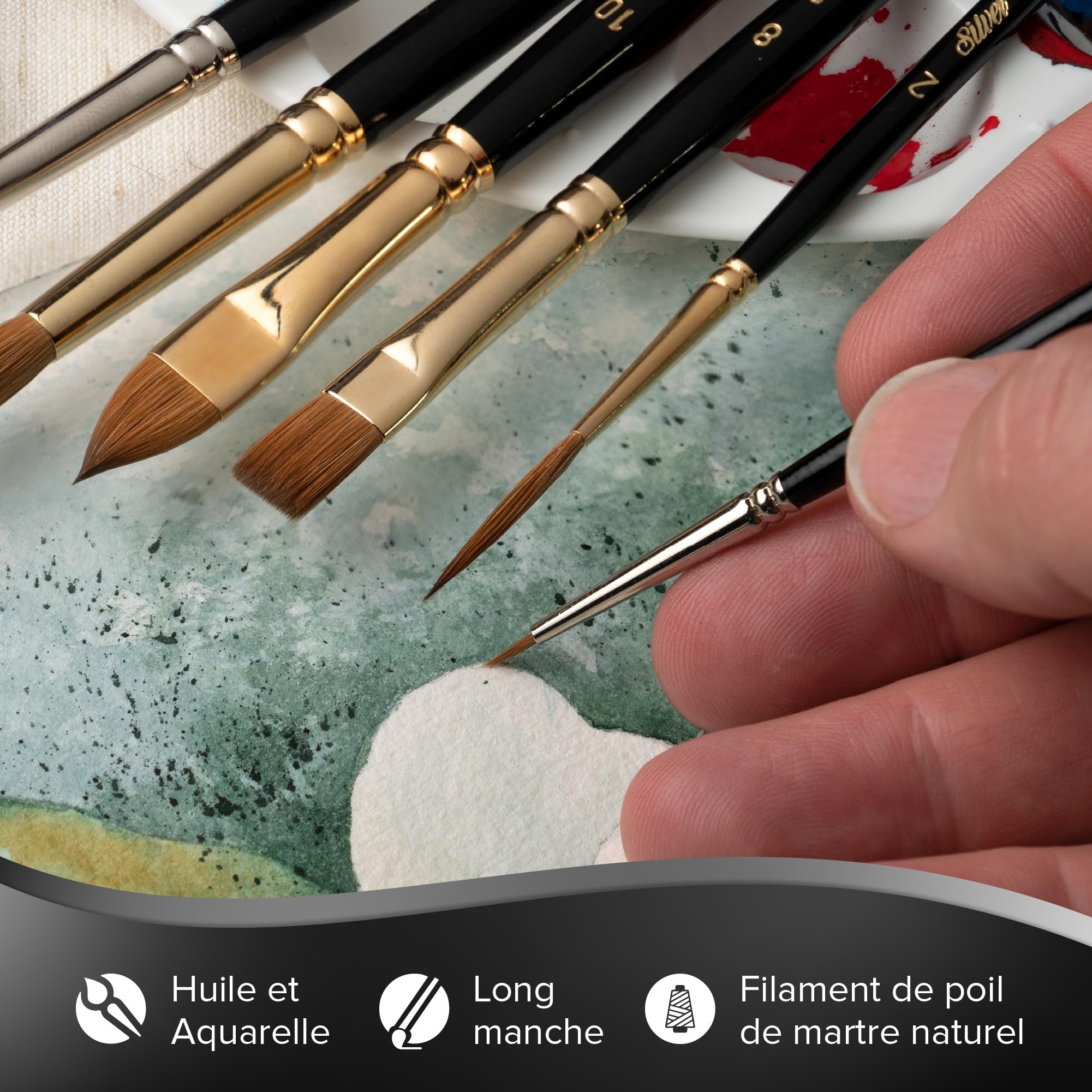 Silver Brush Limited - Assortiment de 7 pinceaux Langue de Chat Renaissance pour l’Aquarelle et la Peinture à l'huile - Manche Long - Tailles 1, 2, 4, 6, 8, 10, 12