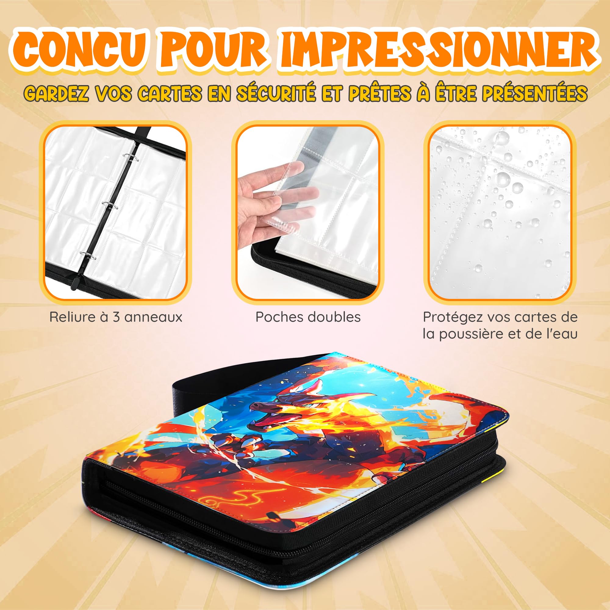 Classeur Carte 50 pages, Capacité 900 cartes, Album Porte carte à Collectionner, Imperméable, Porte Carte en Cuir Double Face avec Fermeture éclair - 4