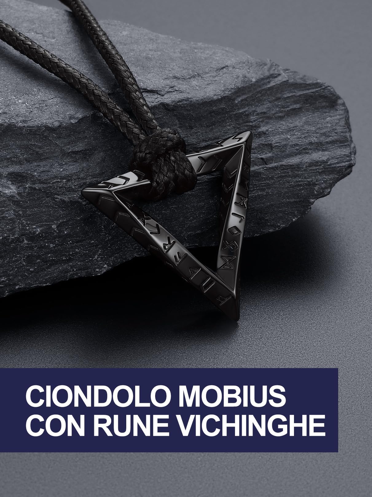 Bandmax Collana Uomo Runa Vichinga in Acciaio Inossidabile/Nero, Ciondolo runico Mobius Rotondo/Triangolare/Infinito con Catena in Pelle Intrecciata Nera Amuleto Gioielli Vichinghi per Donna e Uomo