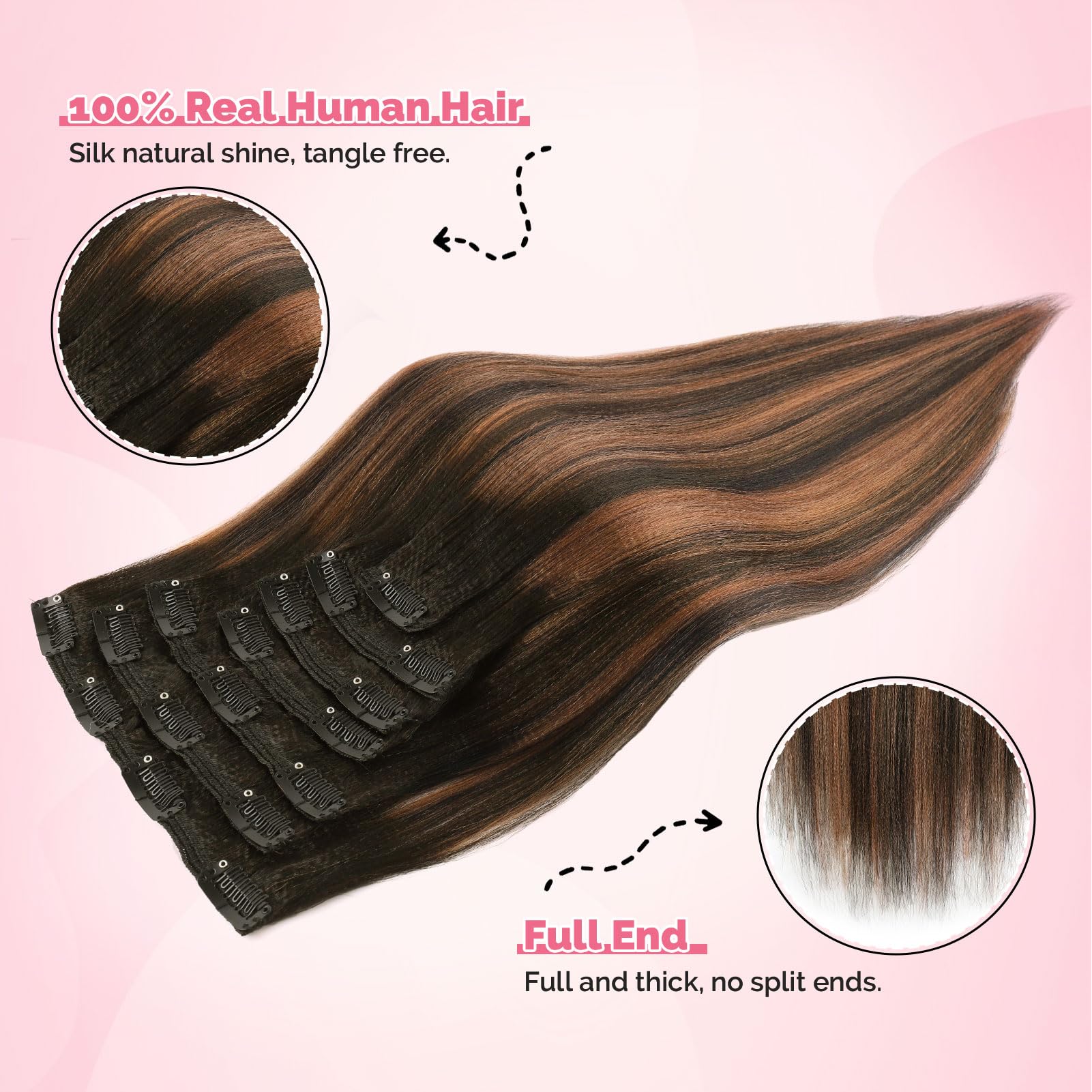 Yuniffe Yaki Straight Clip in Hair Extensions for Black Women Real Human Hair Clip ins Rooted Black Fading to Natural Black #1B Mixed With Auburn #30 Double Weft Remy Yaki Hair 20 Inch 7Pcs 120g - Image 2