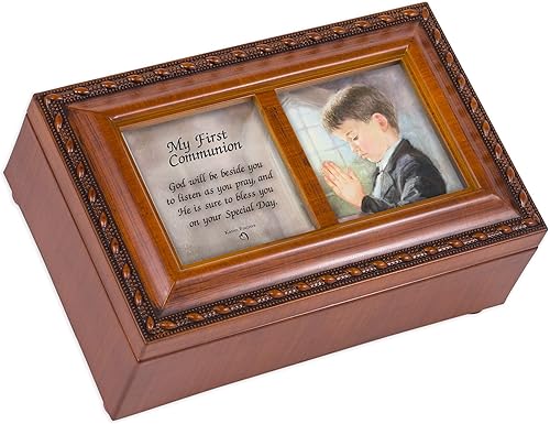 Cottage Garden Caja de música pequeña con diseño de Dios a tu lado de la Primera Comunión con cuerda de madera que reproduce el aleluya de Handel