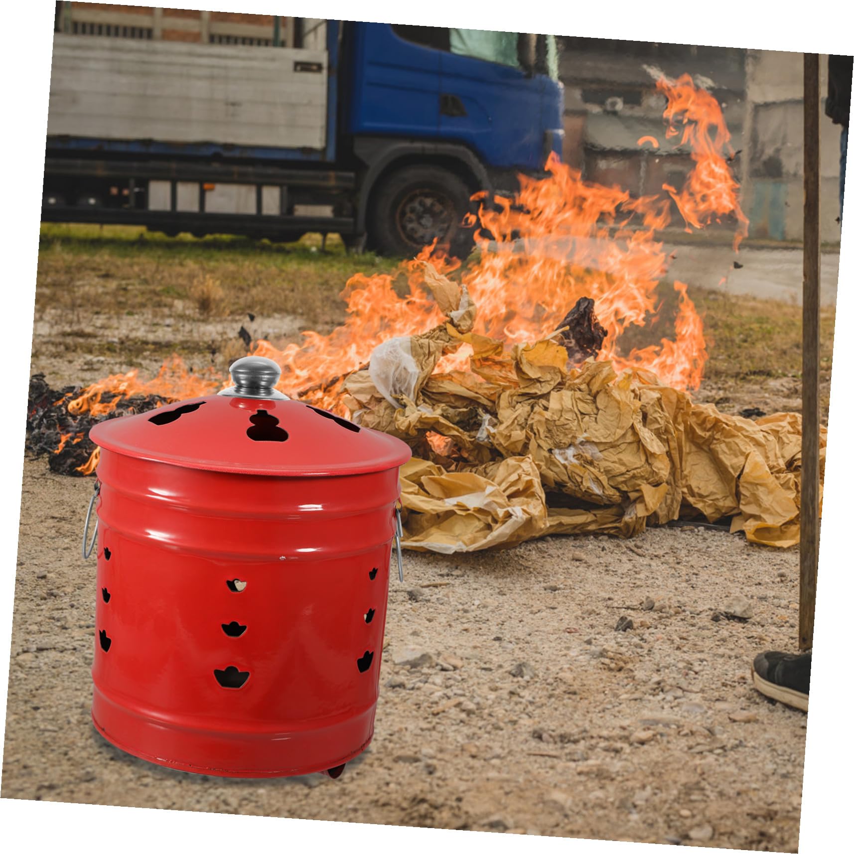 Cubo para Quemar Papel de Esmalte Rojo Duradero para Incineración | Ventilación para Mejor Combustión, Uso en Jardín y Hogar, Ayuda a Mantener Orden Estilo Aleatorio