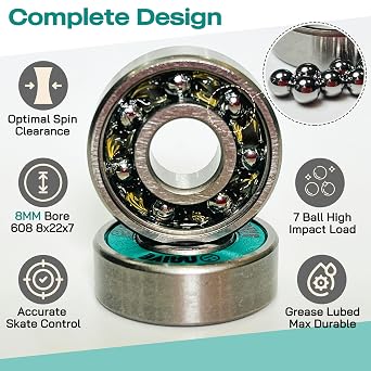 Skate Bearings 8mm 16 Pack, Stainless Steel 608 Bearings Quad Inline Skates Roller Derby Skateboard Longboard Scooter(Ocean Green)