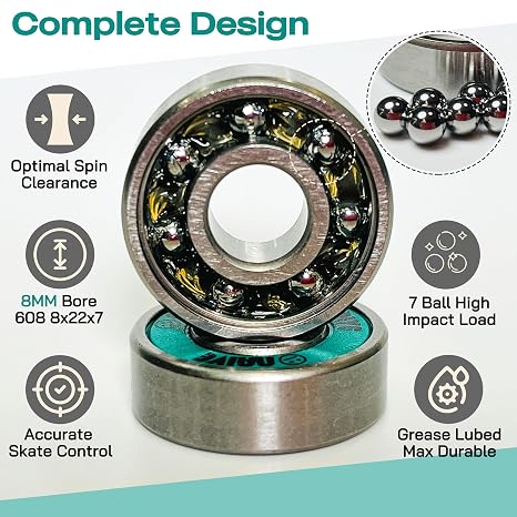 Skate Bearings 8mm 16 Pack, Stainless Steel 608 Bearings Quad Inline Skates Roller Derby Skateboard Longboard Scooter(Ocean Green)