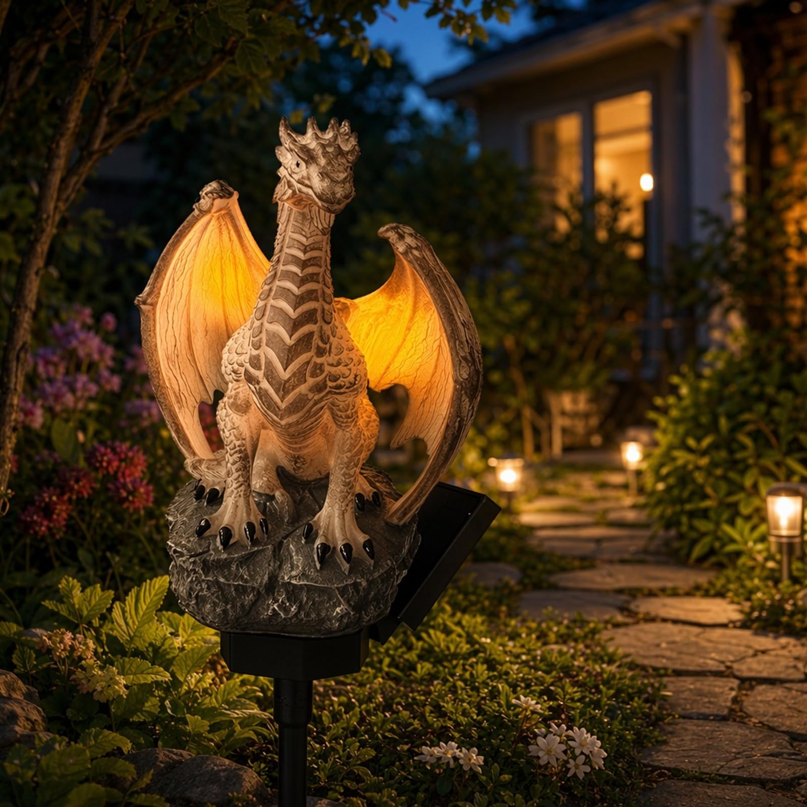 Solar Dragon Garden Statue, Gothic Resin LED Sculpture Outdoor Decor