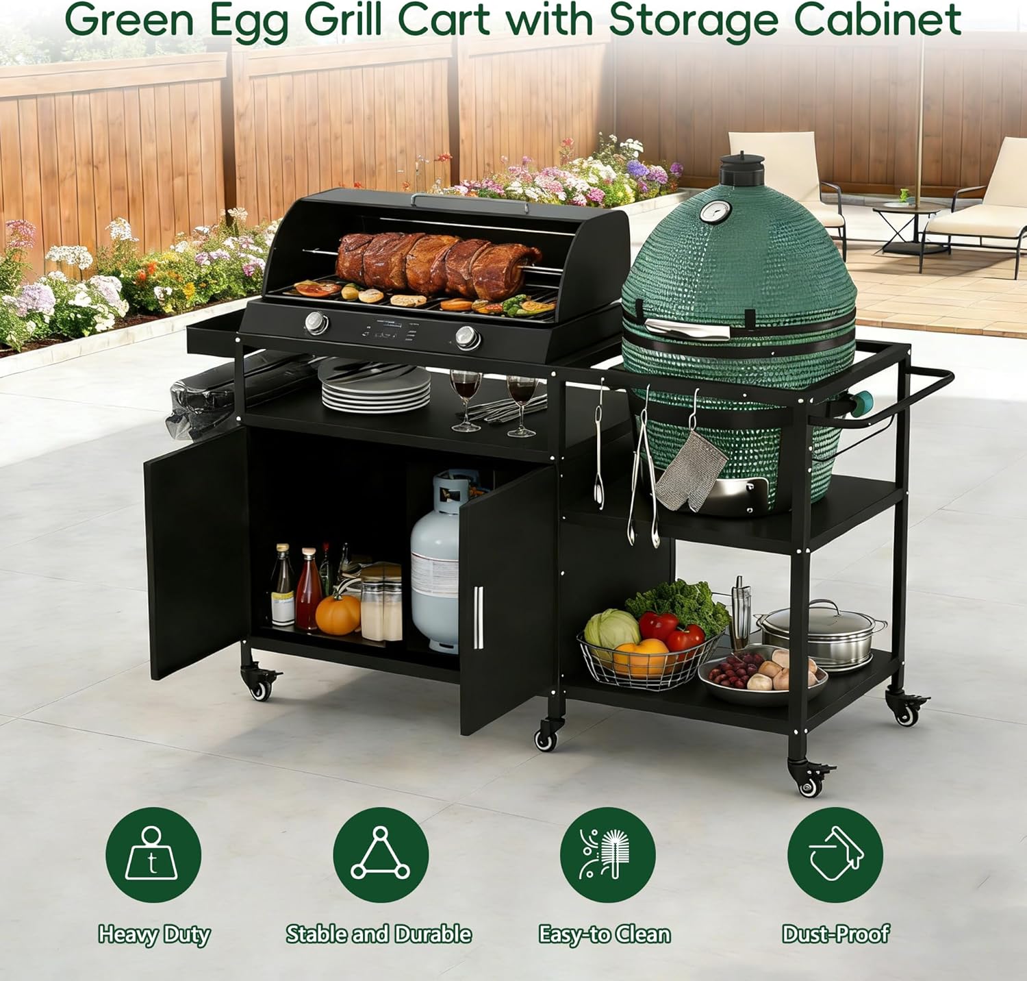 Mobile Grill Cart Compatible with Big Green Egg, Heavy Duty Metal Grill Table for Large/Medium Ceramic Charcoal Grills, Outdoor Kitchen Island Prep Station with Storage Cabinet, 6 Wheels, Black