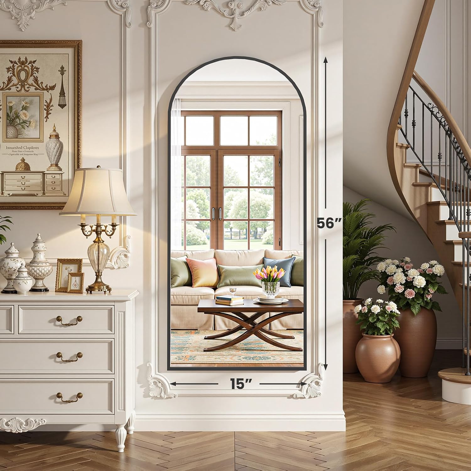 olixis full length mirror 59"x16" for bedroom, full body mirror with stand, hanging or leaning for wal black-arched 56"l x 15.2"w