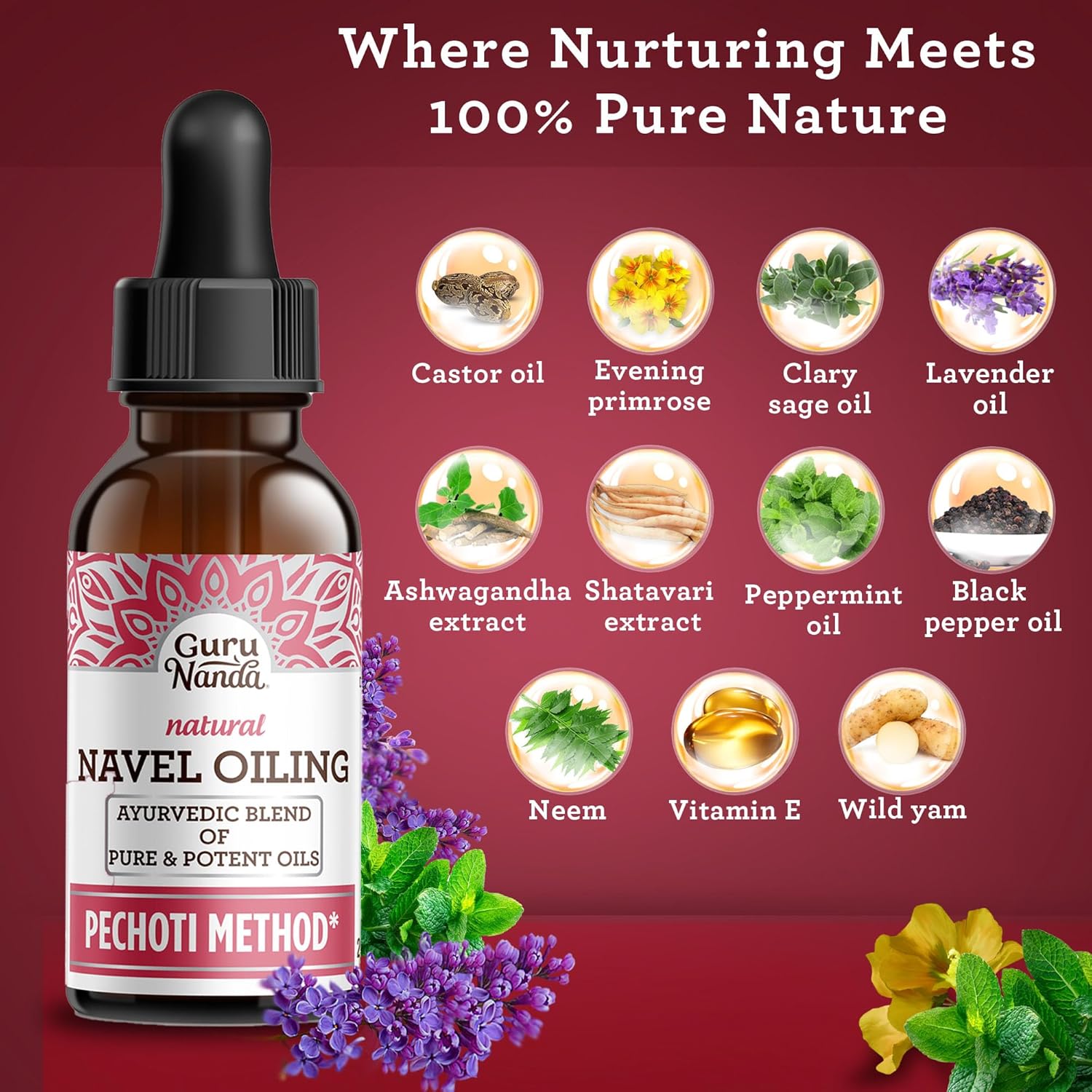 GuruNanda Navel Oiling – Ayurvedic Belly Button Oil with Castor, Neem & Vitamin E | Supports Digestion, Detox, Hydration & Stress Relief | 100% Natural & Pure | 2 fl oz (Pack of 2)