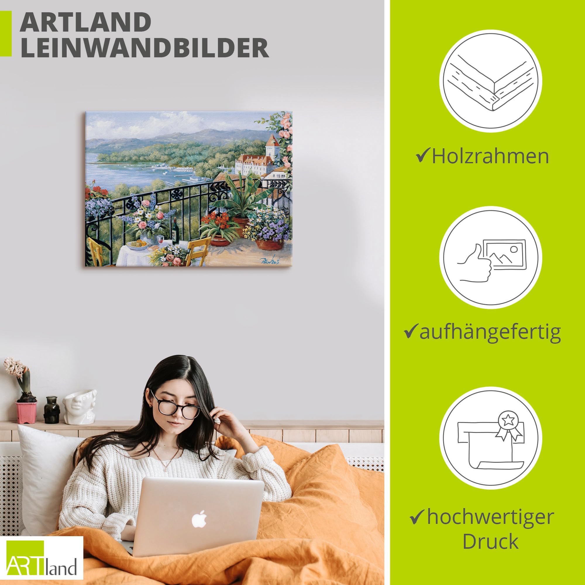 ARTLAND Wanddeko Leinwand Bilder Wandbild 80 x 60 cm Landschaften Garten Malerei Grün Unvergessliche Aussicht B0TL