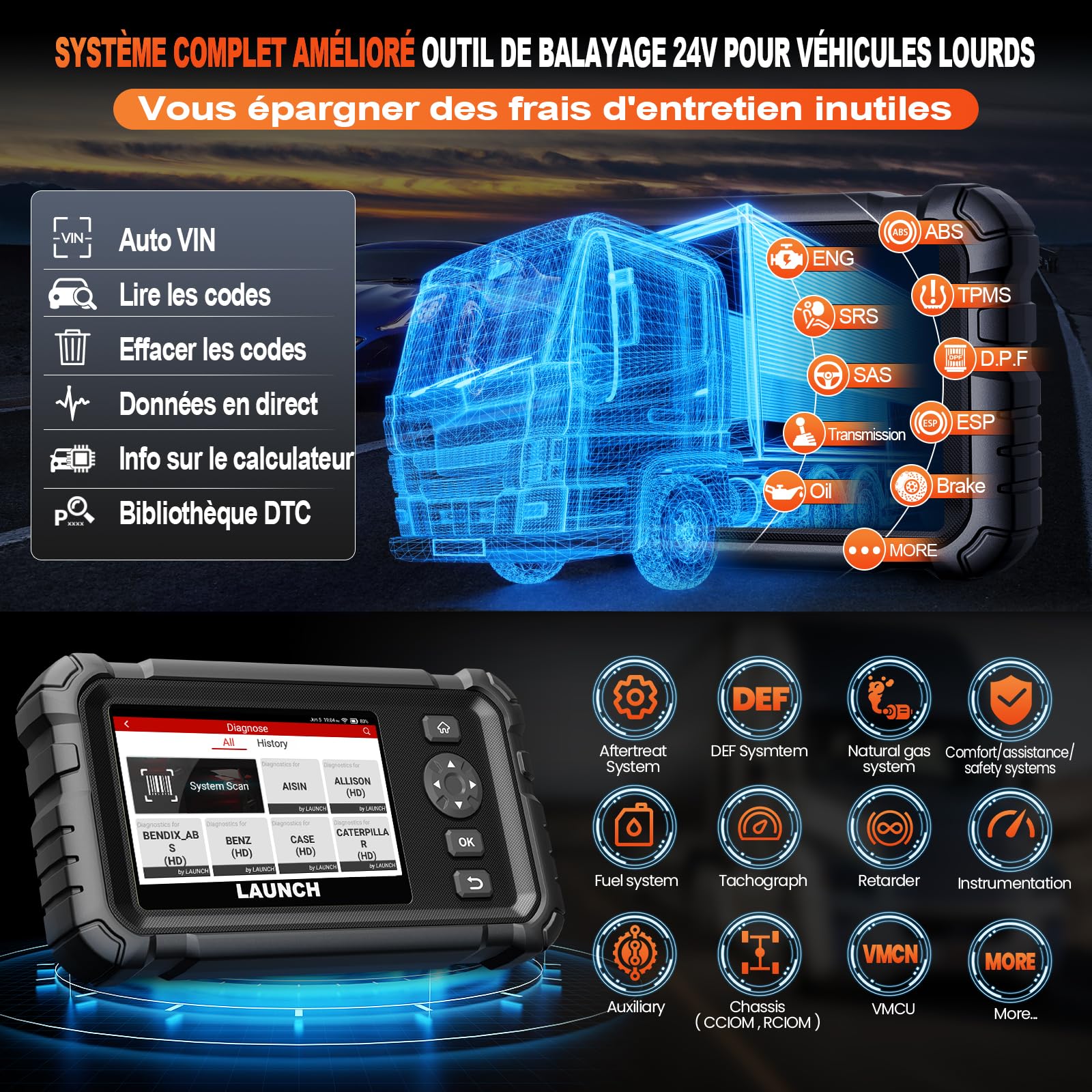 LAUNCH CRP129 HD OBD2 Valise Diagnostic Camion, Poids Lourd Scanner
