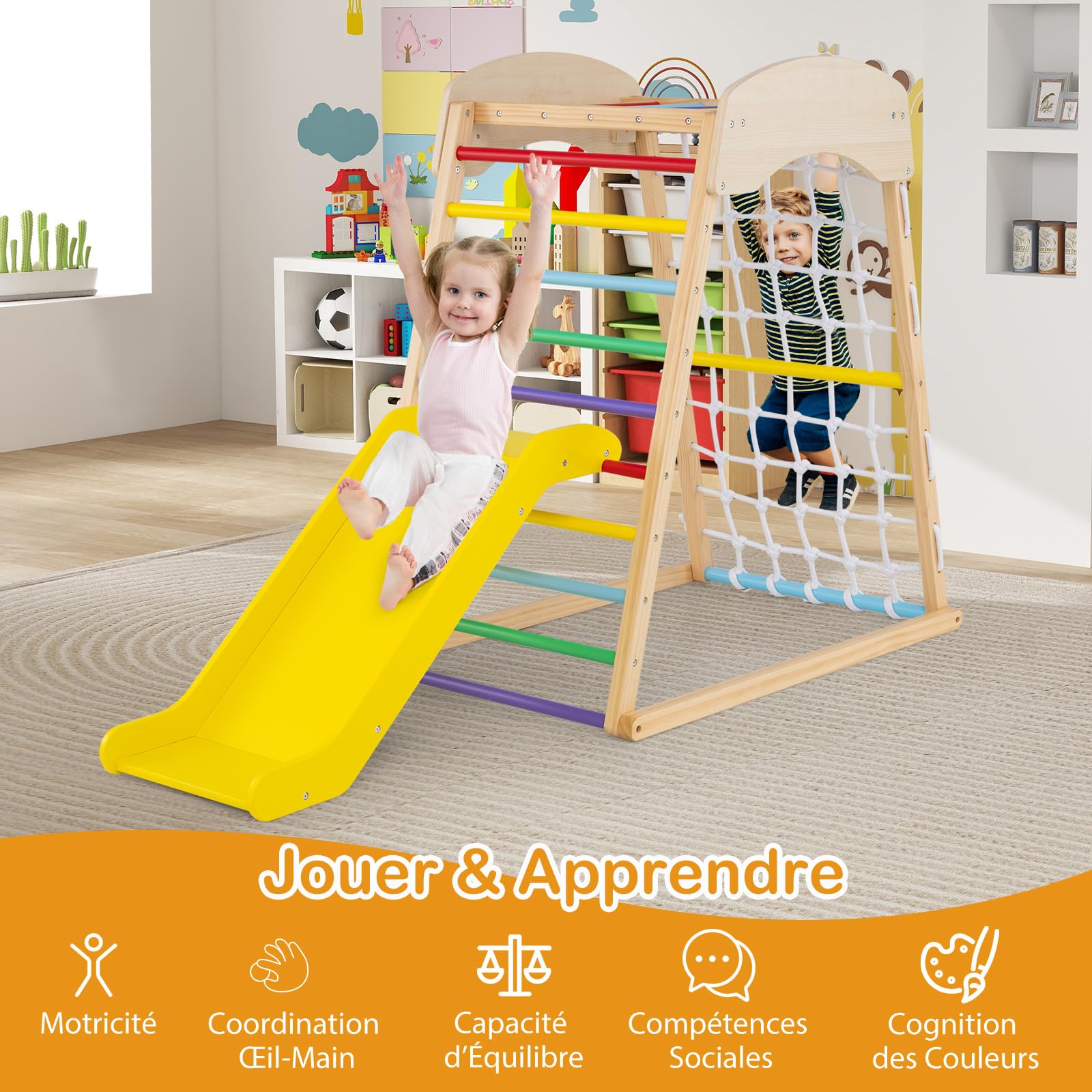 COSTWAY 4 en 1 Triangle d'escalade Montessori en Bois Enfants avec Toboggan, Aire de Jeu d’Escalade Intérieur avec Filet & Échelle d'escalade Montessori, Charge 50kg pour Bébé de 1 an+