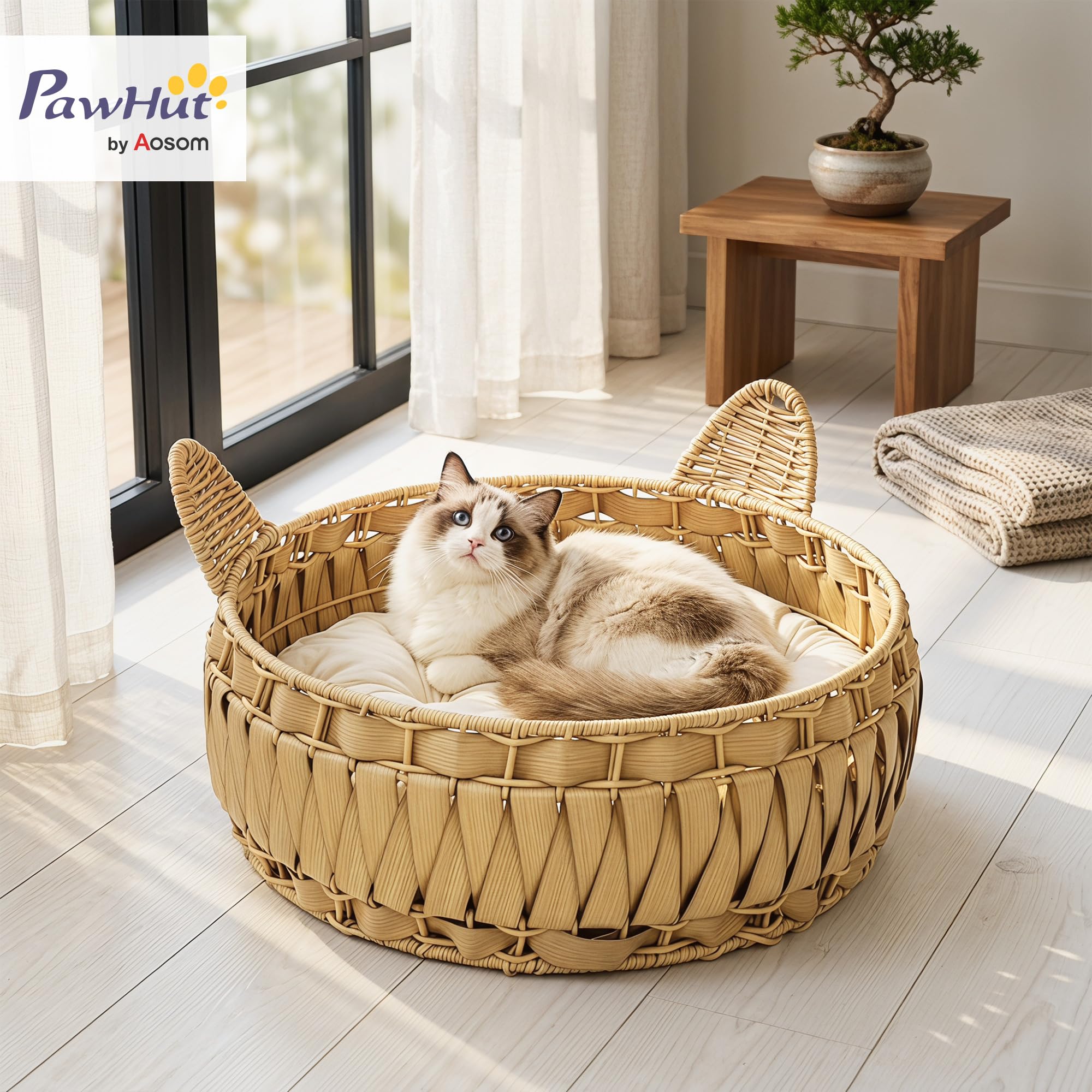 PawHut Legowisko i kryjówka dla kota do 10 kg 50x50x25 cm Jasnobrązowe | Zdejmowana poduszka, koszyk, domek, rattan