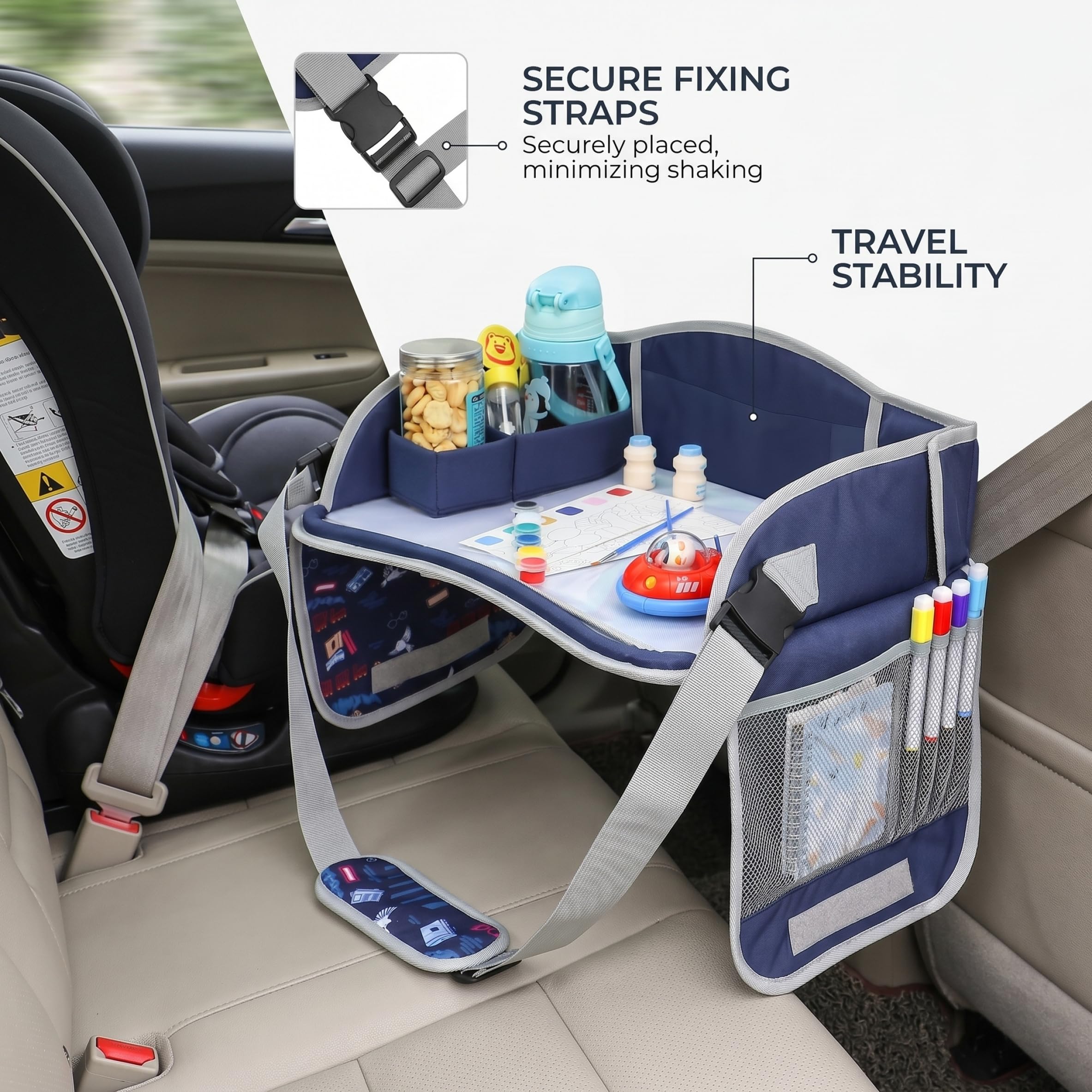 Vassoio da Viaggio per Bambini in Auto: Tavolino da Auto per Bambini, Ampio Tavolo da Viaggio Regolabile, Pieghevole in Tessuto Compatibile con Touchscreen con Scomparti Portaoggetti per Ra