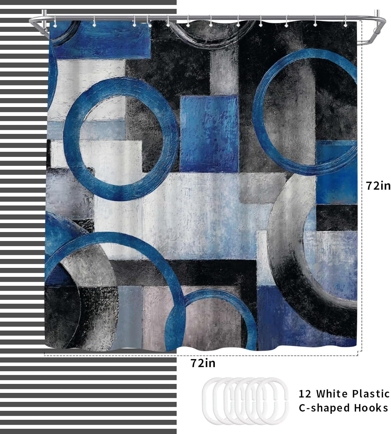 WELMECO Geometric Circle Shower Curtain, Polyester Fabric with Hooks, 72x72inch Abstract Bathroom Decor Shower Curtain (Blue)