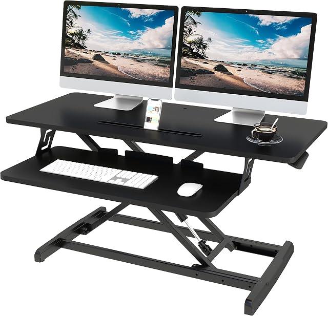 Lubvlook Standing Desk Converter, 36"/91.5cm Wide Height Adjustable Sit Stand Desk Riser for Dual Monitors with Keyboard Tray, Black