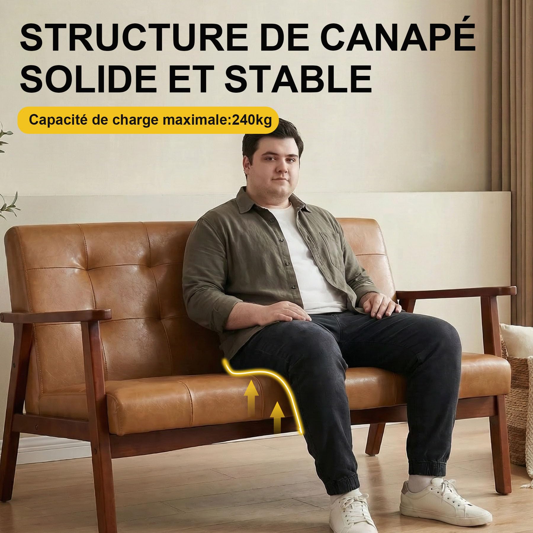 Canapé 2 Places en Simili Cuir avec Accoudoirs, Bois Massif