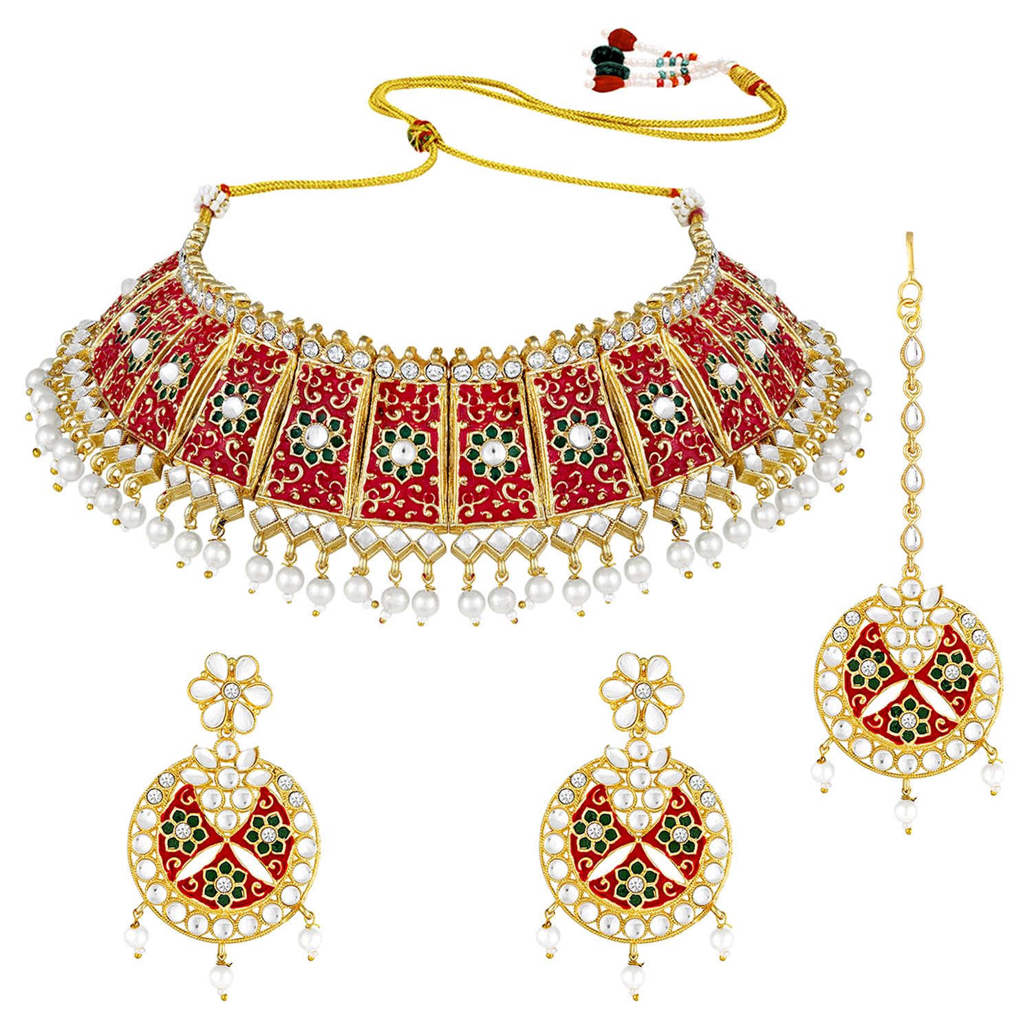 Peora Gold Plated Red Meenakari Choker Necklace Earrings Maangtikka Set Studded with Kundan Pearls Jewellery Set for Women (B092ZX846W) Amazon Price History, Amazon Price Tracker