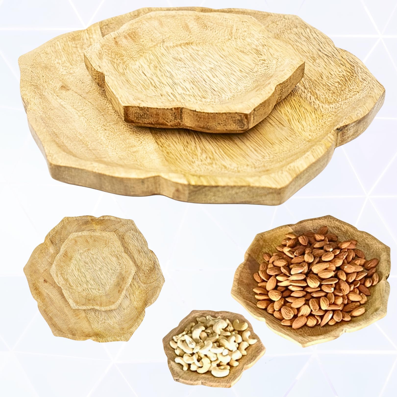 Serving lotus Round Wooden Tray Home Decor Rustic Kitchen Countertop Display Coffee Tea Organizer Decorative Ramadan (Natural Plate 2 set)