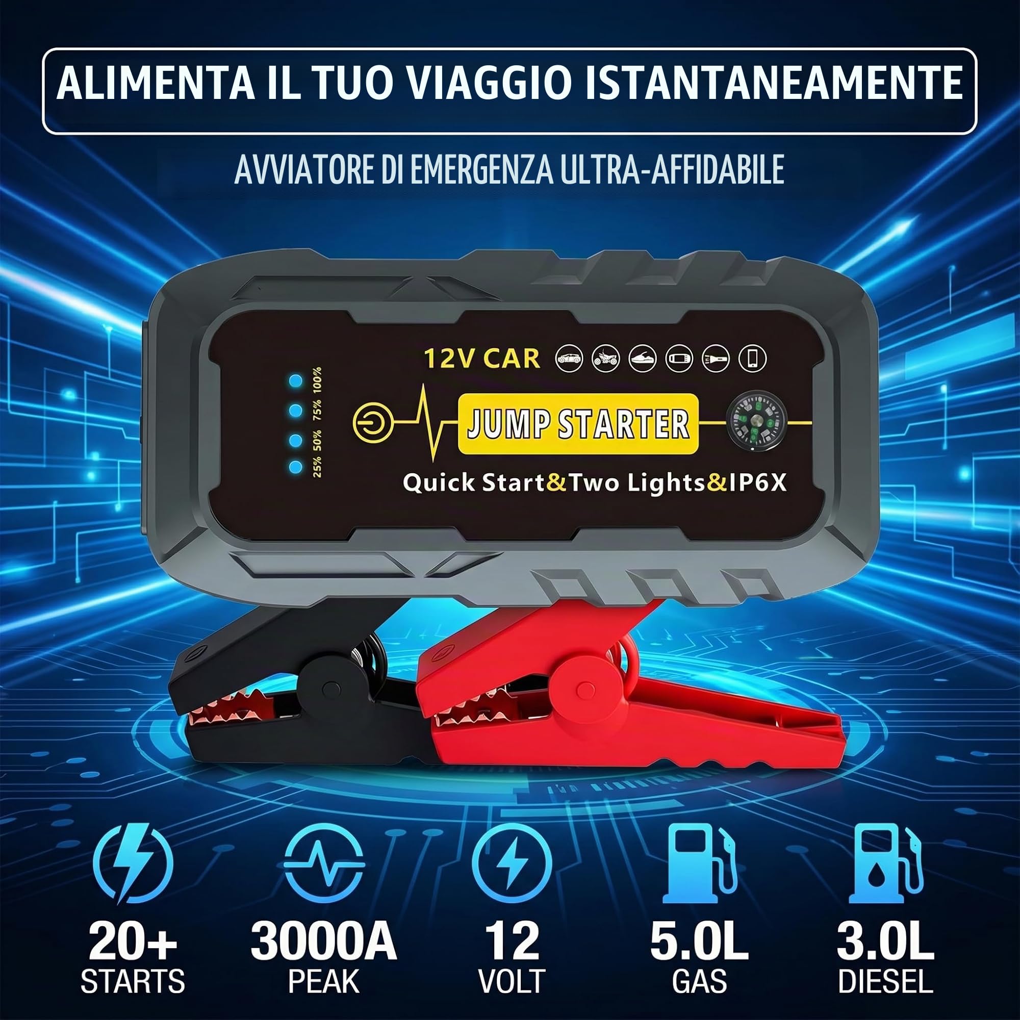 Avviatore per auto 3000A picco 2000A corrente di avviamento, Power bank portatile per batteria auto 12V per tutti i veicoli a benzina e diesel, con cavi booster intelligenti, torcia LED e porte USB