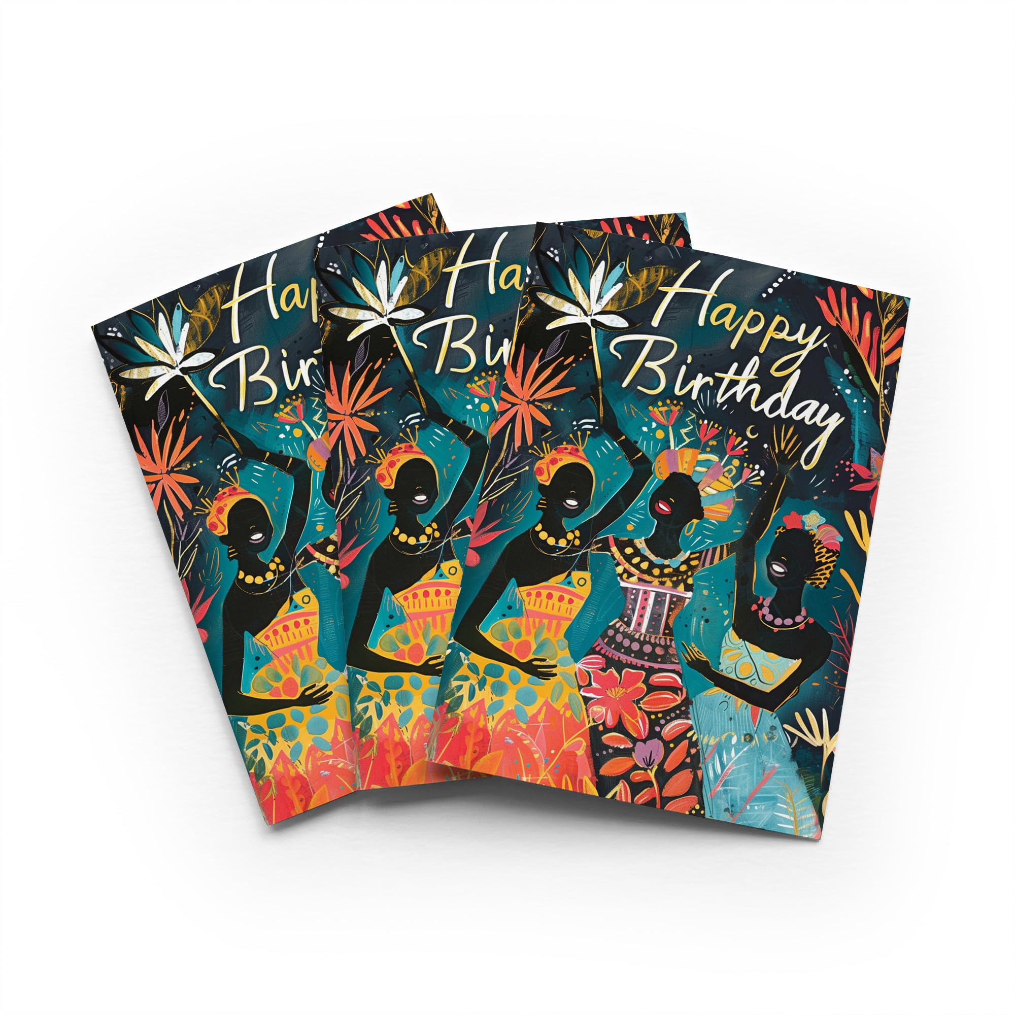 African Women Dancing Birthday Card Colourful Artwork Set of 3 Greeting Cards Blank Inside 5x7 Inch 13x18 cm