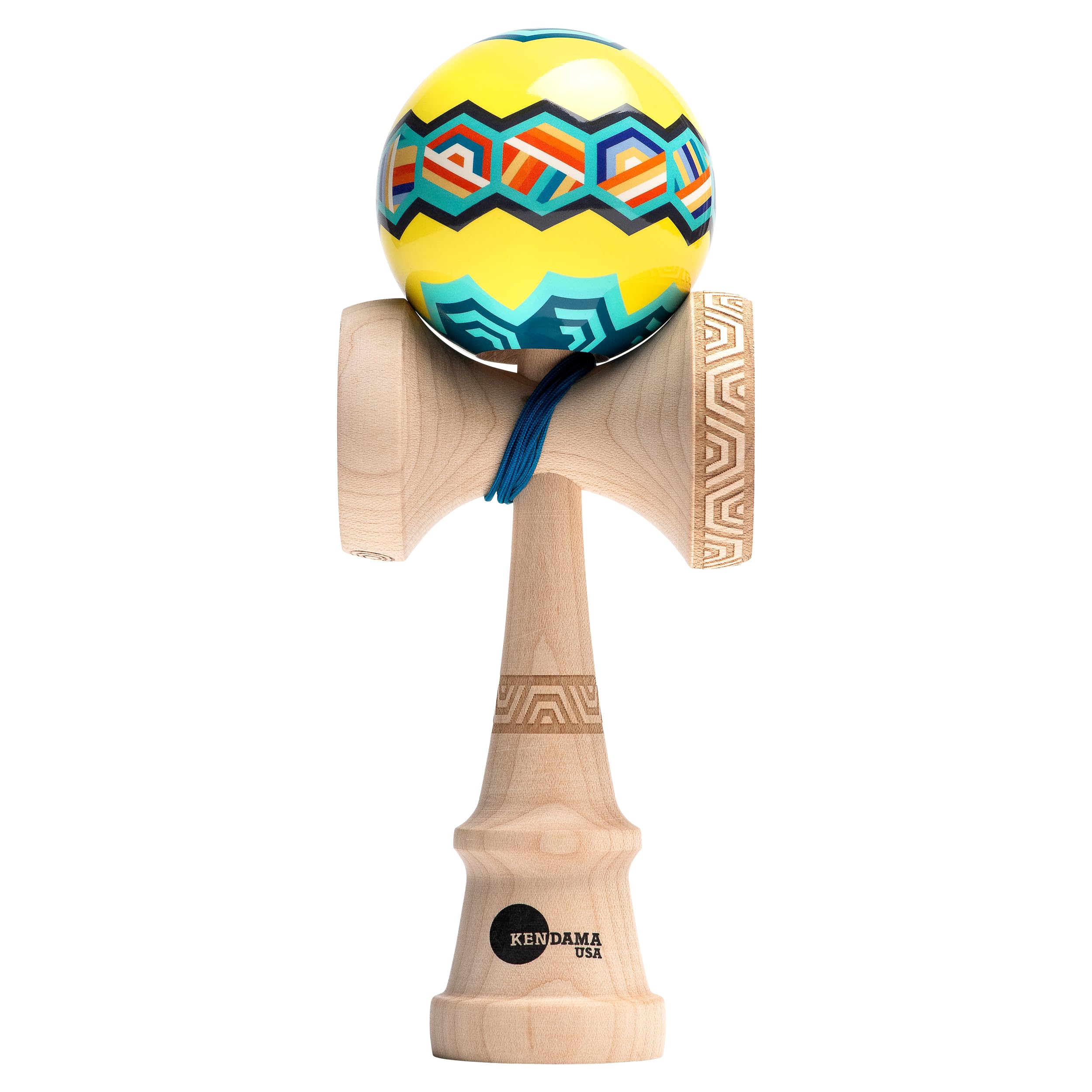 Kendama USAKaizen Hex, Reduces Screen TIme, Improves Hand Eye Coordination, Reflexes & More, Active Skill Toy, Extra String & Bearing Included, Great Gift (Yellow/Teal)