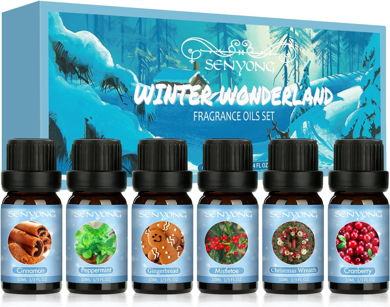 Winter Fragrance Oils Set, Premium Essential Oils Gift Set for Diffuser, Natural Scented Oils for Soap Candle Making - Cinnamon, Gingerbread, Mistletoe, Peppermint, Cranberry, Christmas Wreath
