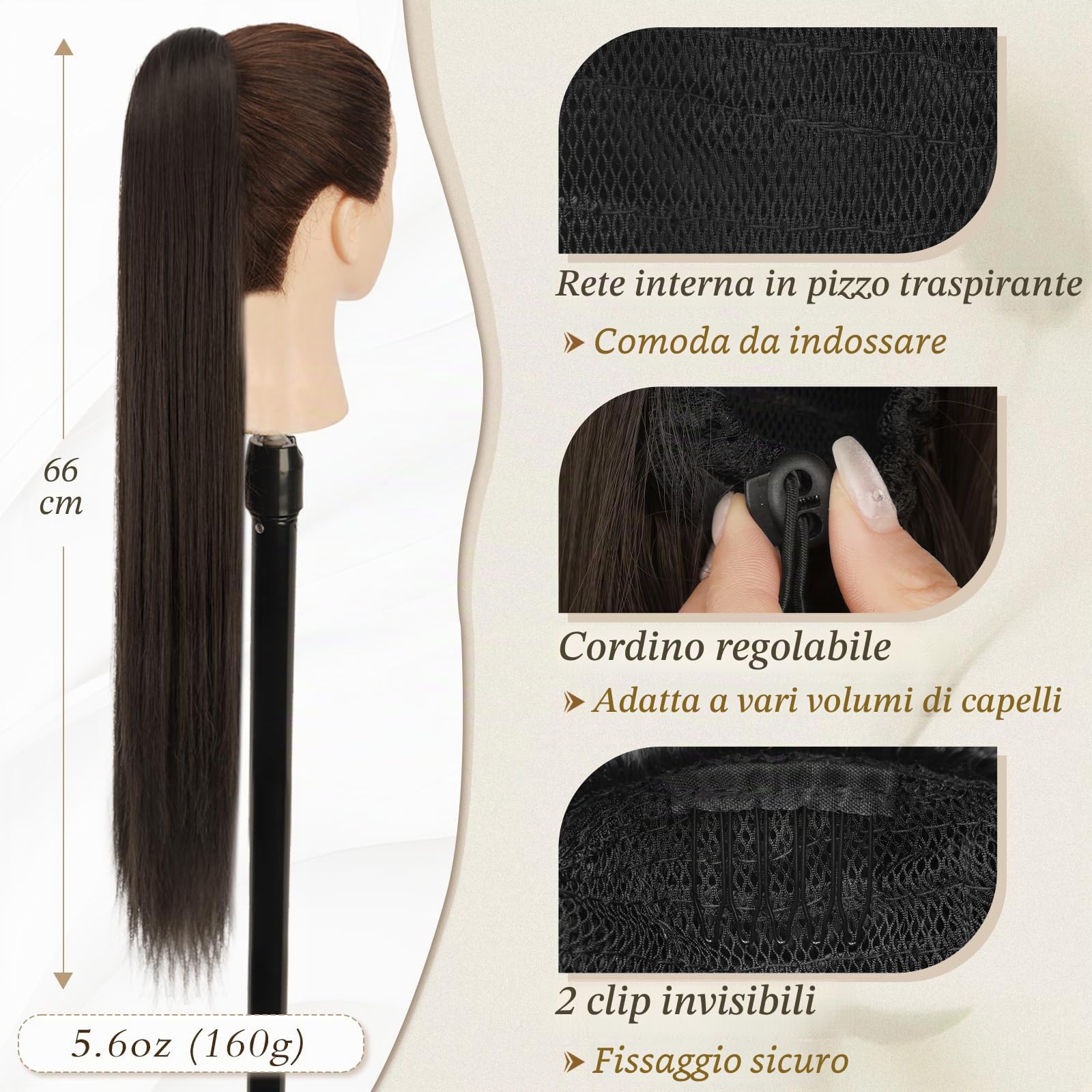 BARSDAR Marrone Coda Capelli Extension, 66cm Lunga Lisci Coda di Cavallo Extension con Coulisse Sintetici Clip in Ponytail Extensions Finta Pony Tails Posticci per Donne Quotidiano - Marrone Scuro