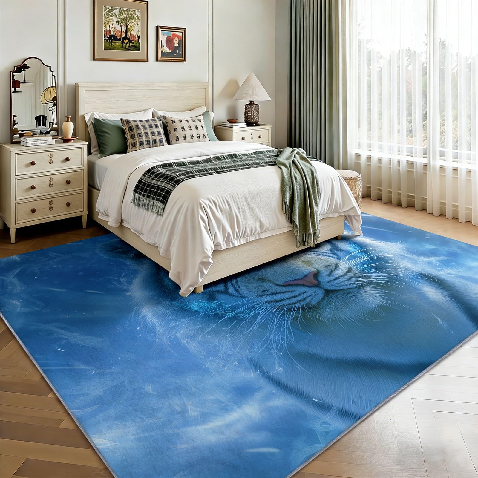 Alfombra lavable a máquina, 180 x 240 cm, diseño de tigre blanco, antideslizante, alfombra de suelo antideslizante, arte digital, pelo bajo, alfombra de área extra suave para sala de estar, dormitorio