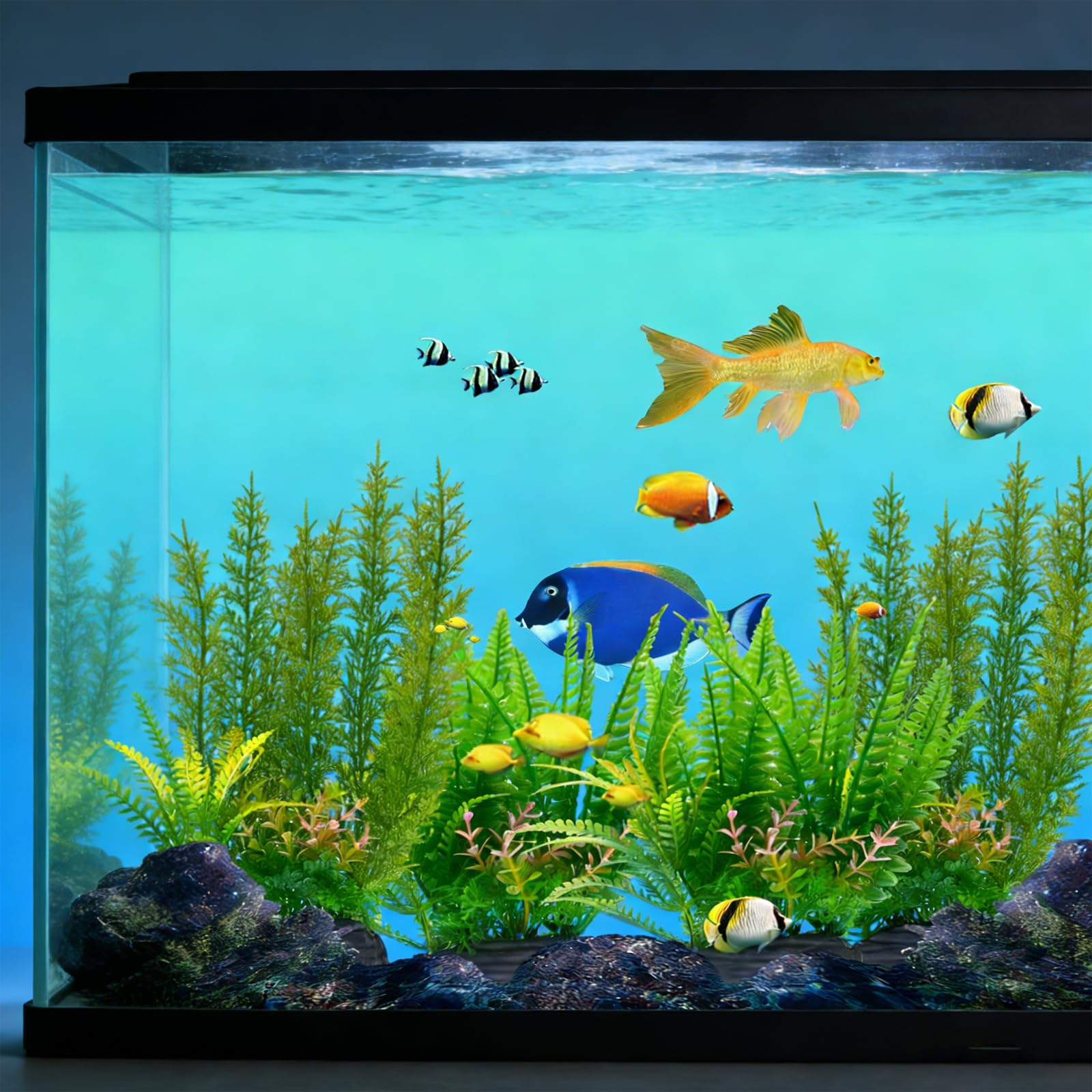 4pcs Plantes Artificielles pour Aquarium, Grandes Plantes Vertes en Plastique, Décoration d'Aquarium avec Base en PVC, 2x28cm et 2x18cm