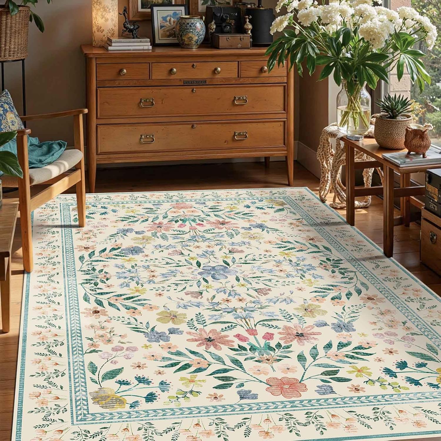 Rugxara Floral Rug for Living Room Bedroom, 5x7 Washable Rug, Green Vintage Boho Area Rug, Large Non Slip Low Pile Wool Carpet for Indoor Dining Room,Girls Room,Nursery Room and Kids Room(Green 5x7ft)