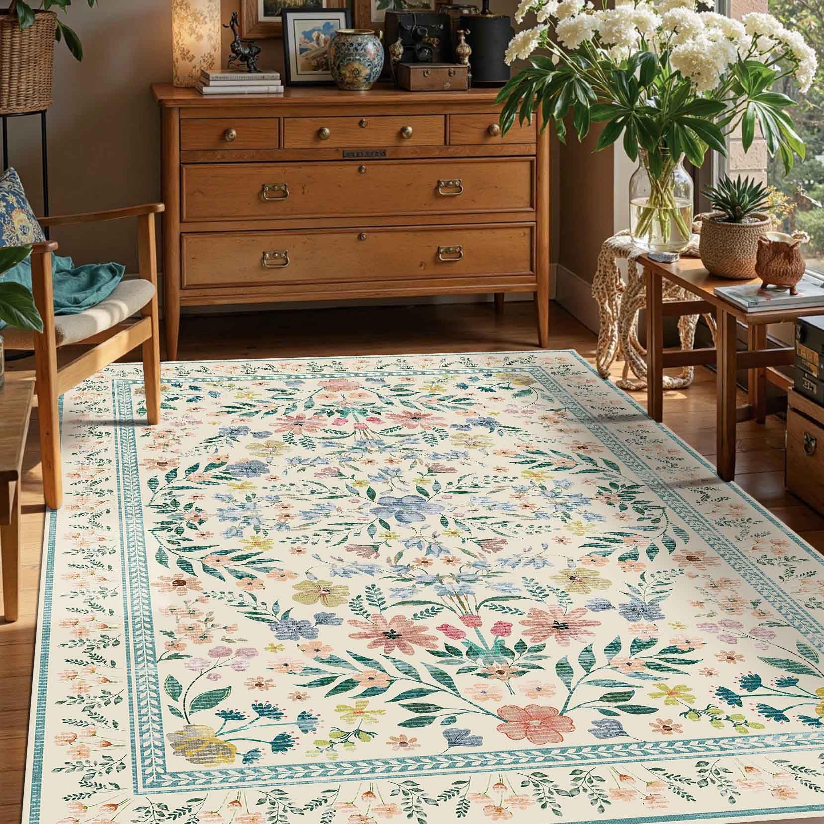 Rugxara Floral Rug for Living Room Bedroom, 5x7 Washable Rug, Green Vintage Boho Area Rug, Large Non Slip Low Pile Wool Carpet for Indoor Dining Room,