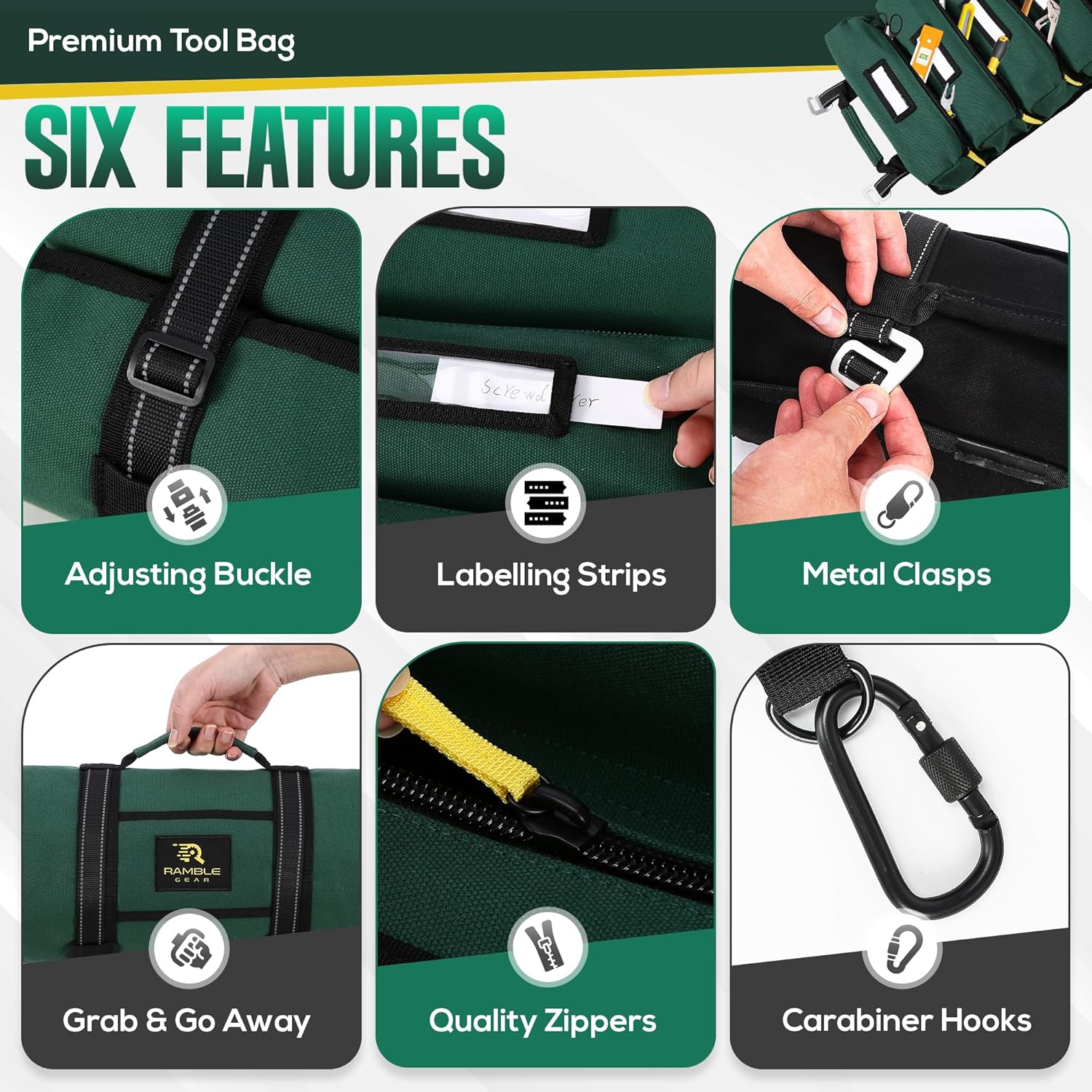 Roll Up Tool Bag Organizer – Heavy Duty Canvas Tool Roll Bag, Tool Roll Up with 5 Oversized Labeled Pockets & Carabiners, Portable Roll Up Tool Organizer for Mechanic, Truck & Car (Green)