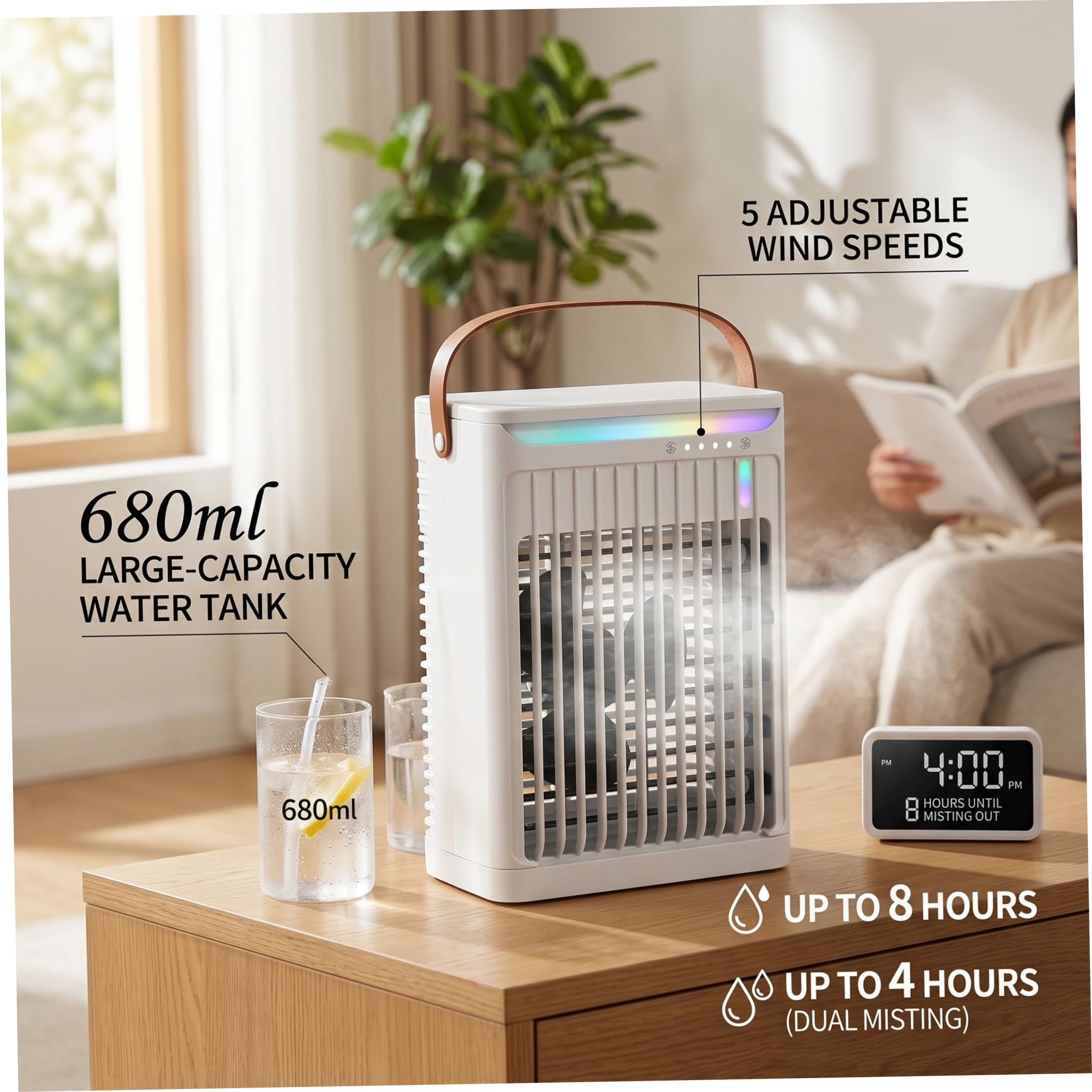 Mini condizionatore portatile, ventola del condizionatore 3 in 1 con 5 velocità, serbatoio da 680 ml, ventola alimentata tramite USB per casa/ufficio/dormitorio/campeggio, bianco, scrivania, decorazi