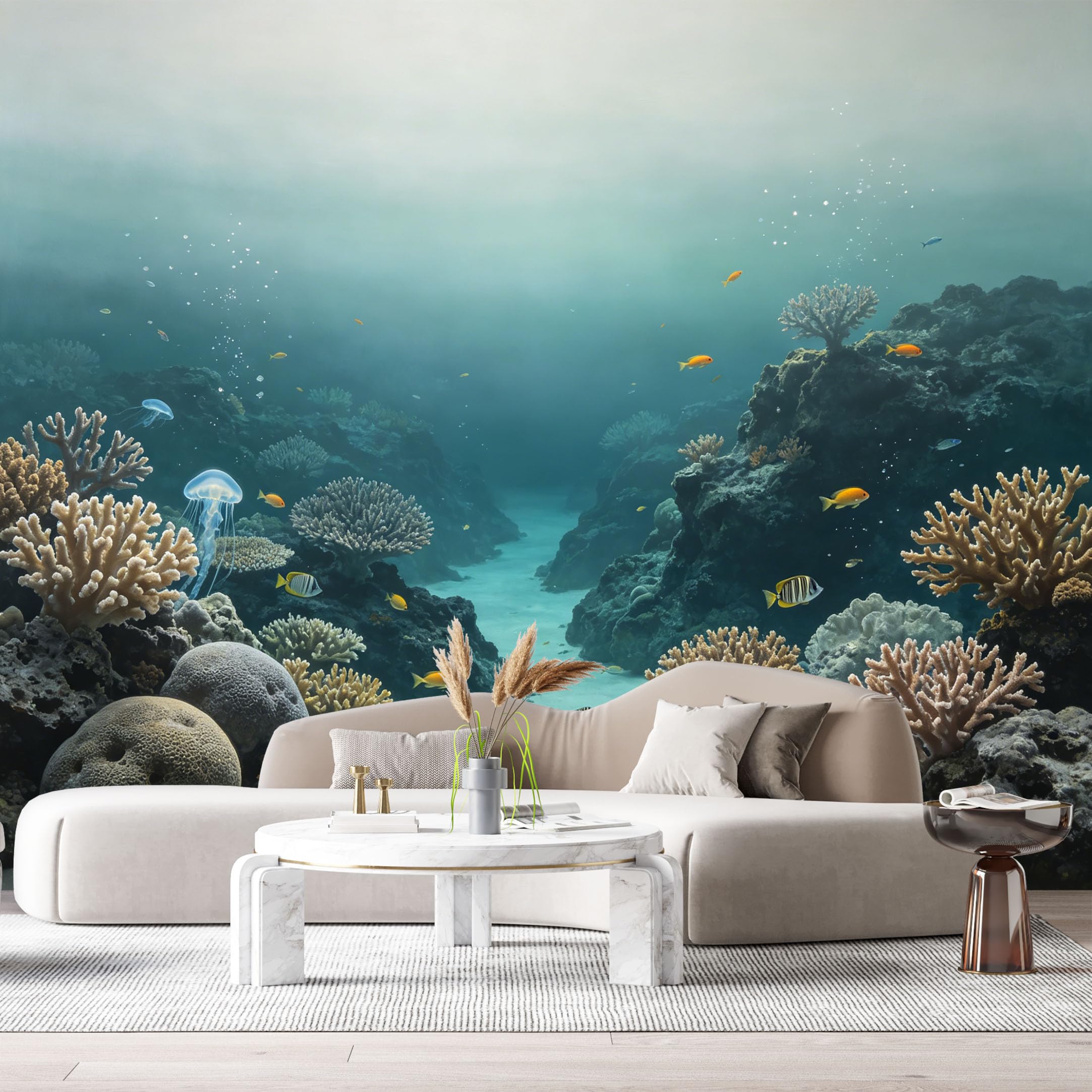 Custom Size Wall Murals Ocean Marine Tropical Reef Jellyfish 3D Trompe L'Oeil SelfAdhesiveWall Fabric Removable Wallpaper Wall Decor for Living Room Bedroom Bathroom