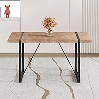 Vista 4 de Una mesa de comedor rectangular retro minimalista con una parte superior especialmente texturizada y patas de metal negro. Mesa de madera