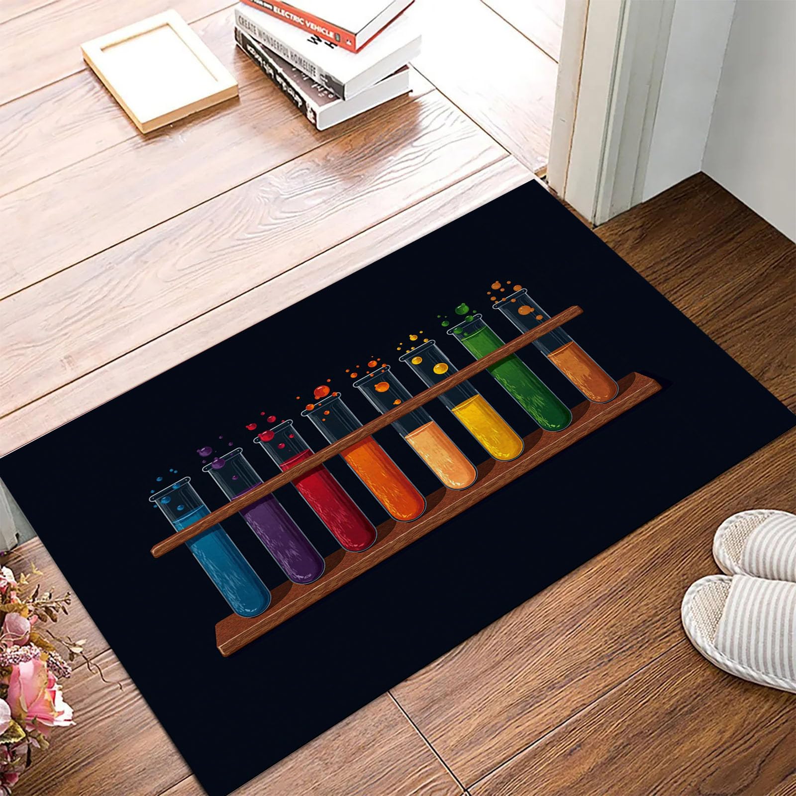Tappetino da 90x150cm, Nero Illustrazioni Divertenti Pieghevole Sottile, Zerbino Lavabile Stampa Provetta Per Test Chimici Antiscivolo, per Porta di Casa, Ingresso, Patio, Corridoio