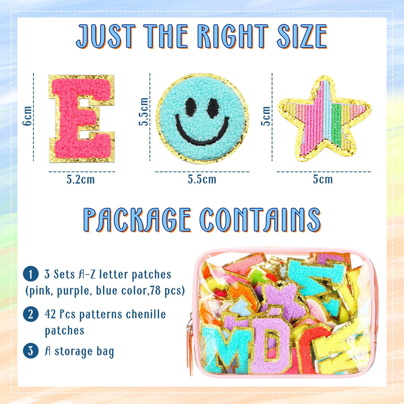 120 Pieces Chenille Patches Iron on Letter Chenille Embroidered Patches Include 78 Pcs Sew Iron on Letter Patches 42 Pcs Star Heart Flower Patches for Jackets Clothing (Colorful Colors)