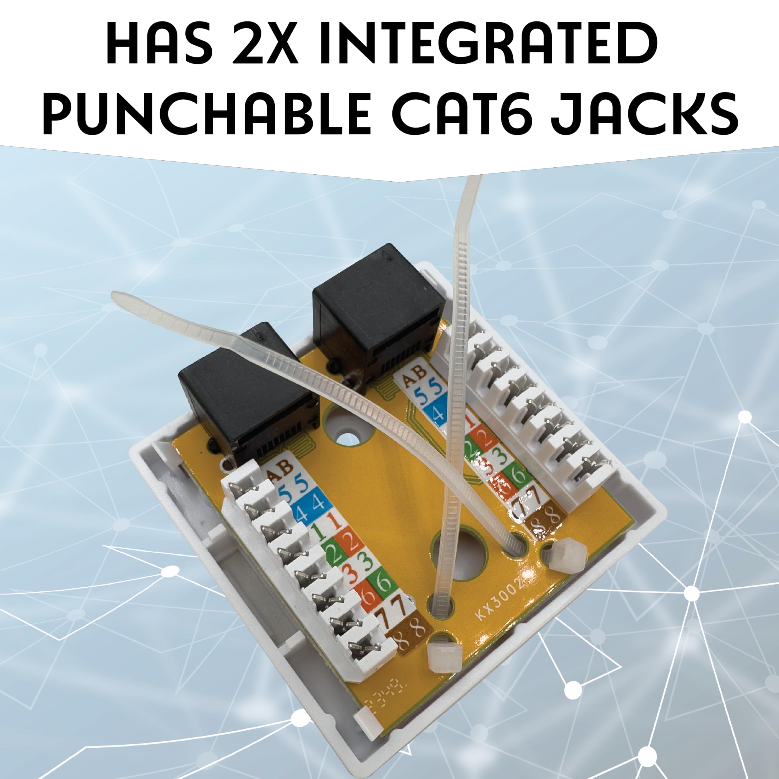 1051 Pk5 Integrated Cat6 Jack Two Port Wall Box - Surface mountable ethernet Box, Includes Integrated cat6 Punch Board & RJ45 Jack, Includes Screws and mounting Tape, White Color, Easy to Install