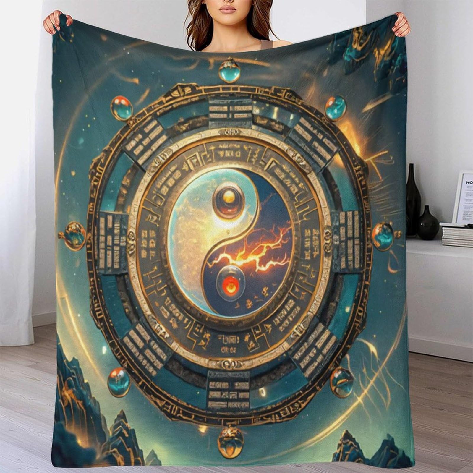 Oeko Tex Yin-Yang koce polarowe 150 x 200 cm, 340 g/m2. Idealnie nadają się jako koc do mieszkania, przytulny, narzuta na sofę lub koc piknikowy, dwustronny koc polarowy (Sherpa i flausz)