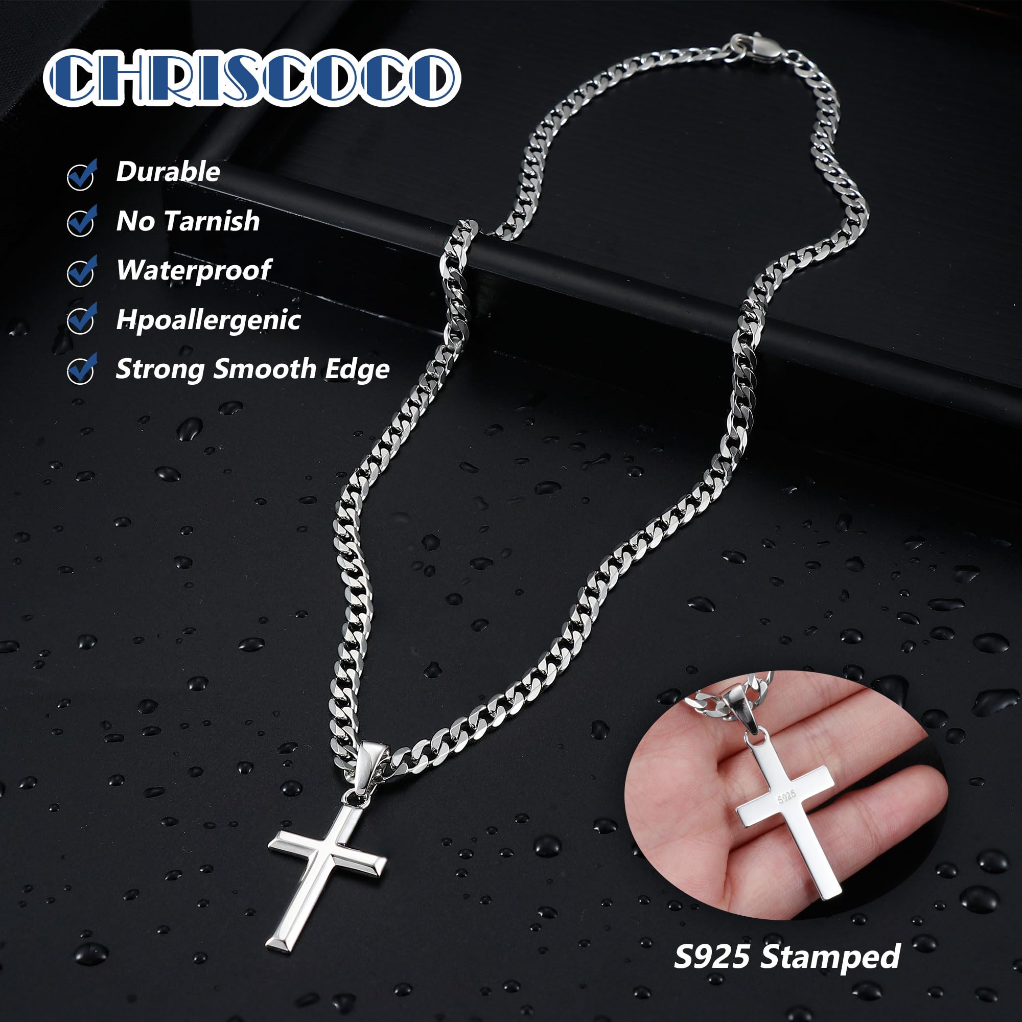 Chriscoco Collier Pendentif Croix en Argent Sterling 925 Pour Homme Femme Avec Chaîne en Acier Inoxydable Figaro Taille Diamant Délicat Collier Avec Pendentif Croix Biseauté Hautement Poli